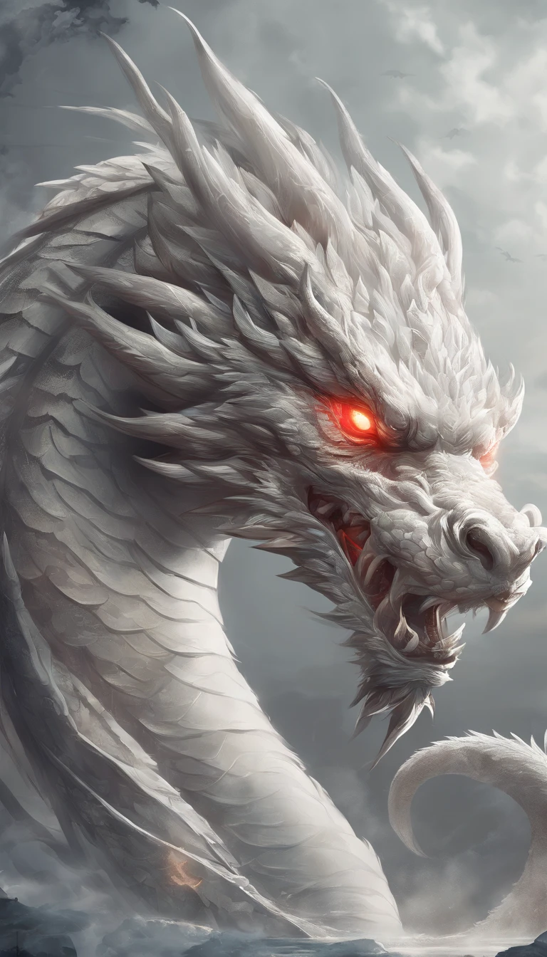 China-style,Chinese mythology,Chinese White Dragon,dongquan,ferocious,immensity,Redness of the eyes,glowing effect,buliding,The medium scene is,Full body like, Highly detailed and hyper-realistic visuals,OC Render