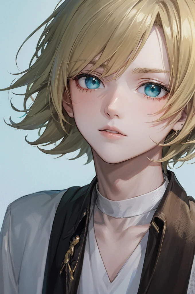 Anime boy, pale skin, blonde shaggy hair, blue/green eyes