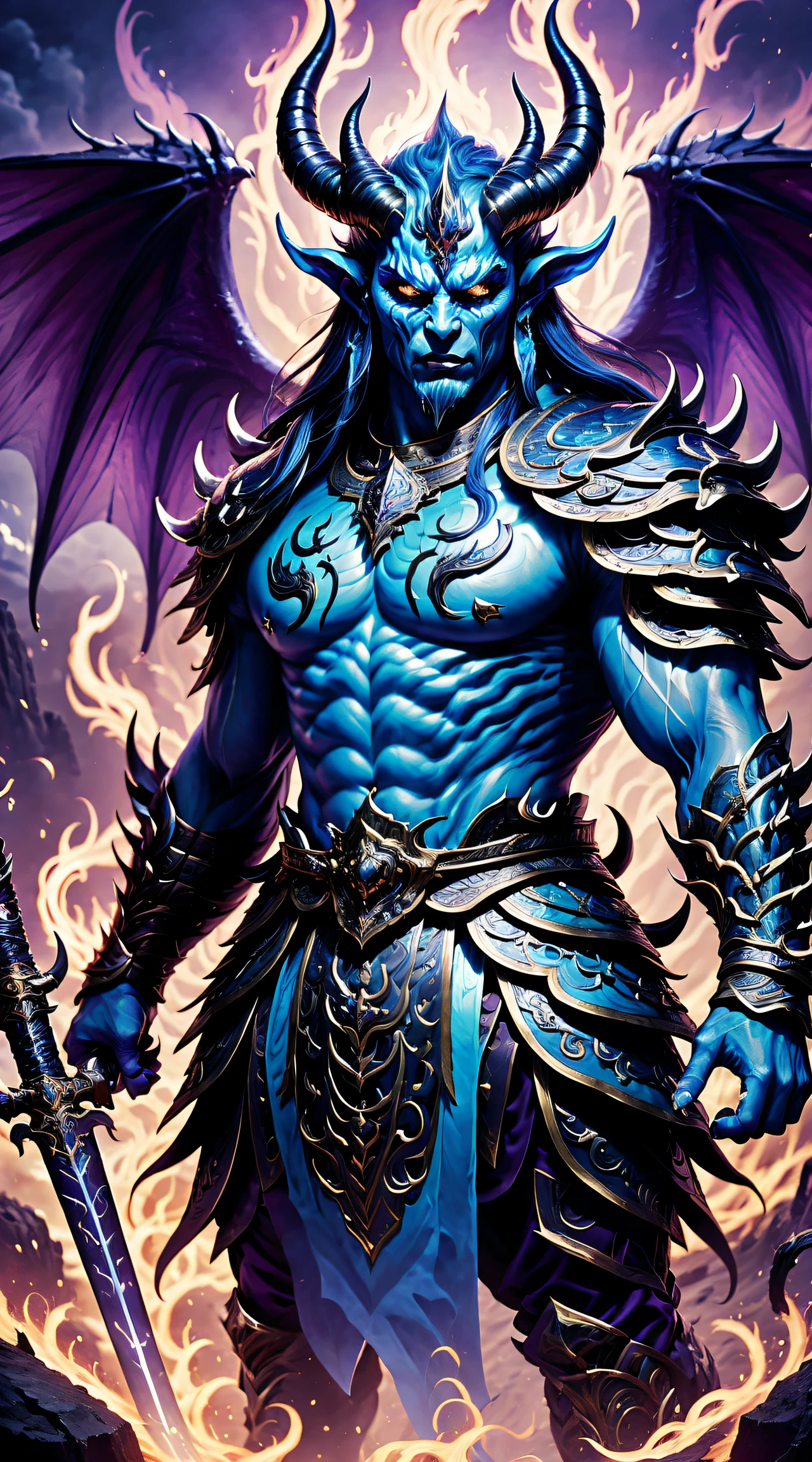 Best quality at best，ultra - detailed，realistically：1.37，asuras，demonic wings，light blue colored skin，The eyes glow green，scimitar in hand，has horns on its head，heavy muscular figure，elegant armor，delicate patterns，Glowing aura，surrounded by flames，Desolate battlefield background，(safe),Divine wrath，majestic and powerful，mythological creatures