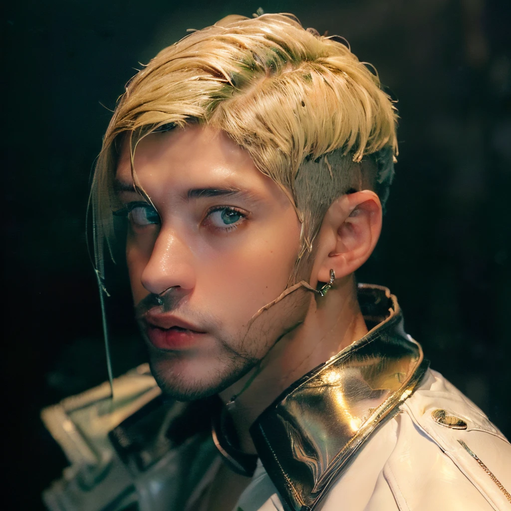 ((masterpiece)), 8k cg, best quality, intricate details, chromatic aberration, close up, ((bust shot)), ((looking at the viewer)), realism, 1man, (((background(((dark background)), fog)), Cuban, young face, skinny face, muscular face, facial hair, stubble, wide jaw, square face, mature face, chiseled face, smile, closed mouth, (((green eyes))), short hair((blonde hair)), (shiny leather jacket, white shirt), (Bad Bunny), muscular body