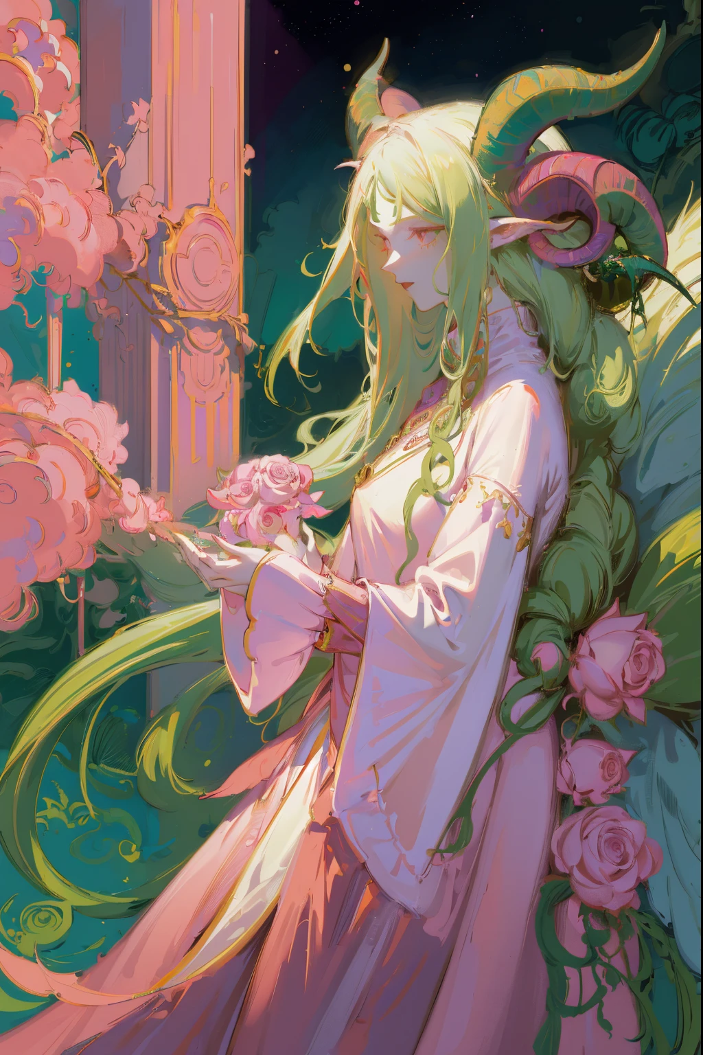 Designed by nty, A woman is, Professional t-shirt design vector,Tokar, 8K, hyper HD, Albino demon girl standing, colorful clothes, shot from far away, (largeeyes, Eyes are delicate and beautiful, Beautiful and delicate face, Details on the face), ( Green curls:1.3) , pink rose bush, winking ,(long and complex horns:1.2) Sneakers with socks, white backgrounid, Complicated details, coloured background, Abstract