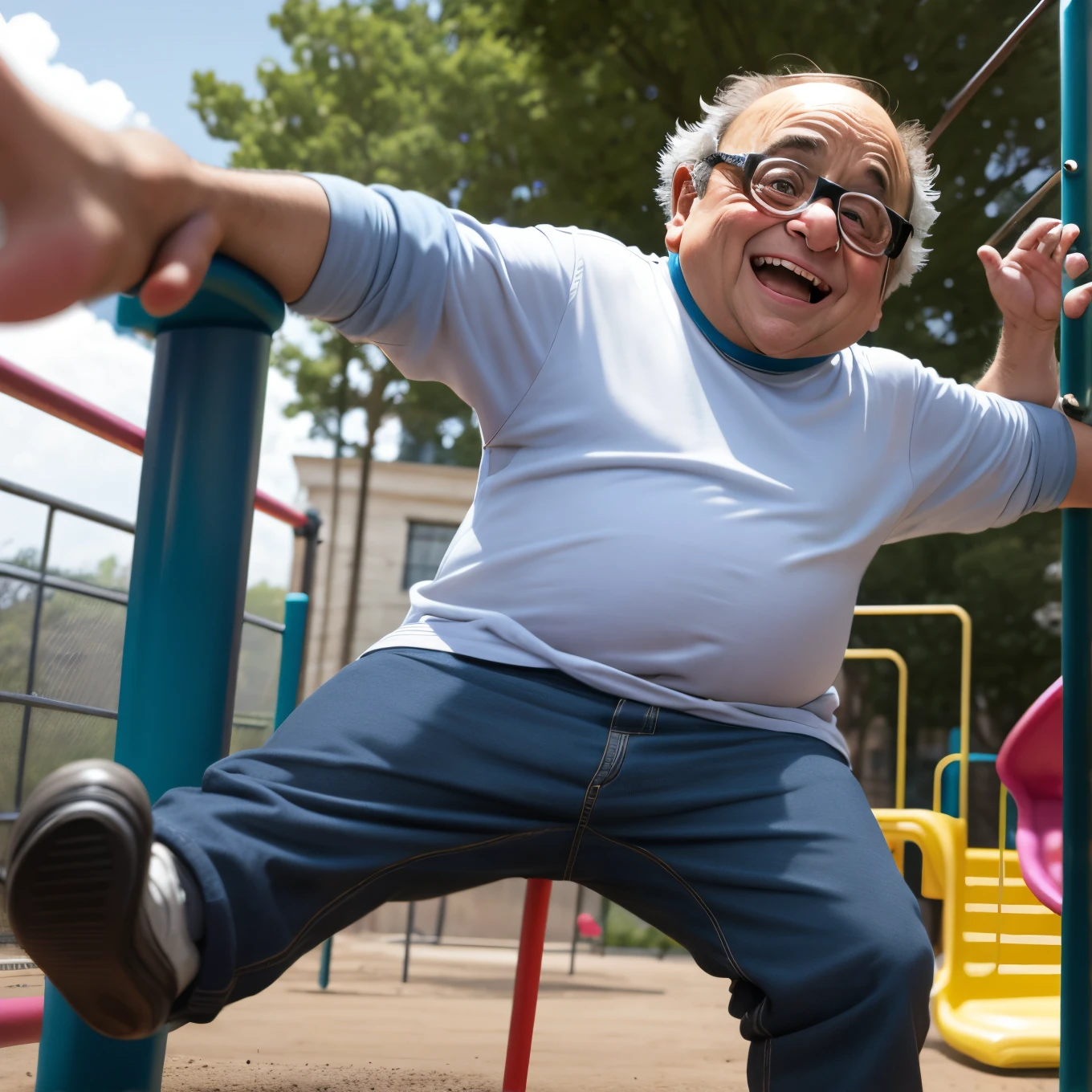 Danny Devito having fun in a Kids playground.