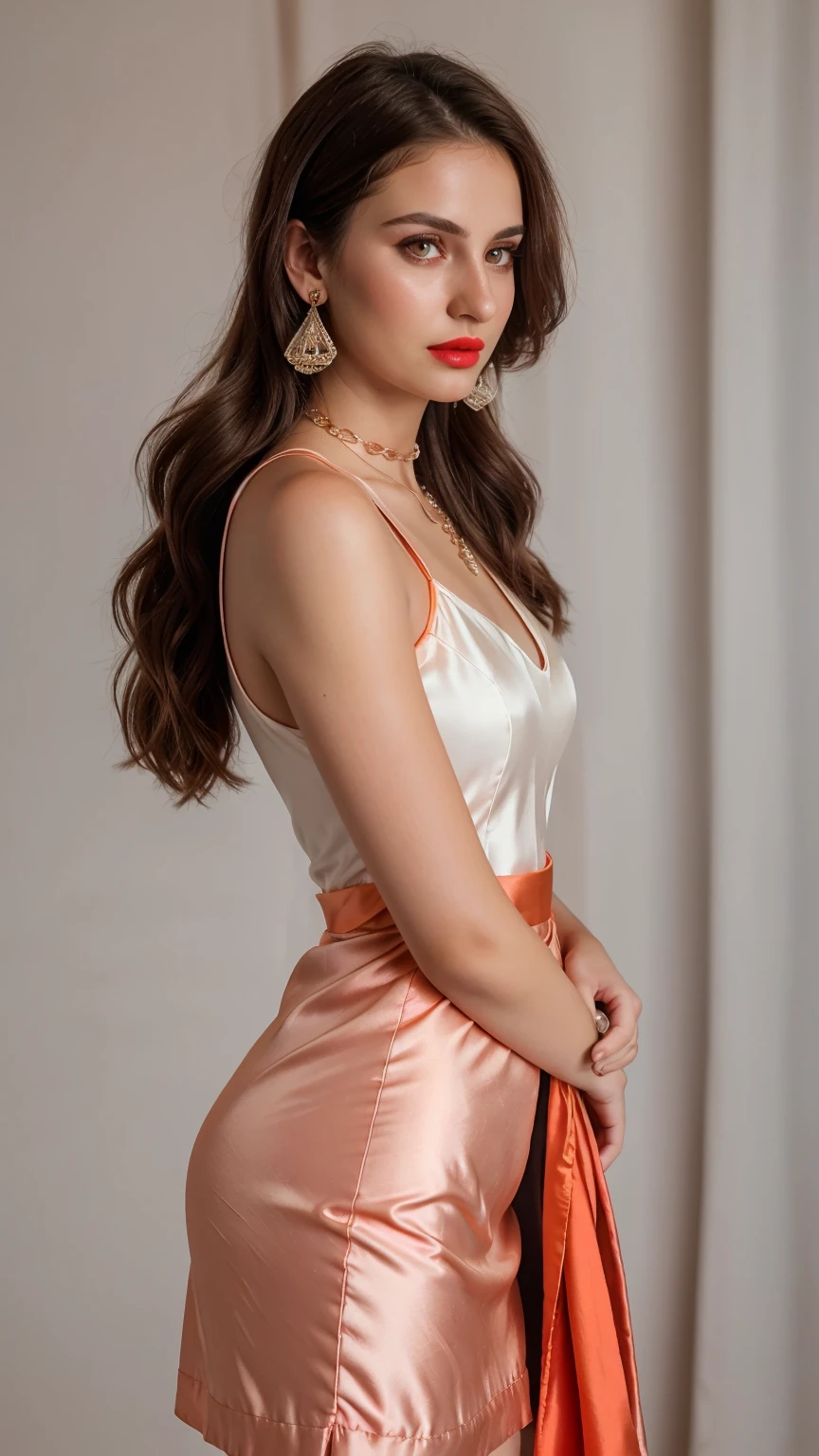 Braid hair, (RAW photo, realism: 1.8), (very Orange lip gloss, jet orange lipstick, many eyelashes, dark Orange eye shadow, very shy, very blushing, high quality, high resolution, blond brown shiny hair, depth of field, chromatic aberration, caustic, wide light, natural colors, 30 year old woman), necklaces, chokers, earrings, bracelets, wear many accessories, wearing traditional Patiala Suit, silk pink drees, silk blue drees, silk magenta drees, color dress, and white hijab, woman small breast, soft skin, fair Orange skin, slim nose, beautiful eyes, The Casual Hip Stance poses, 8k results, high resolution, realistic,