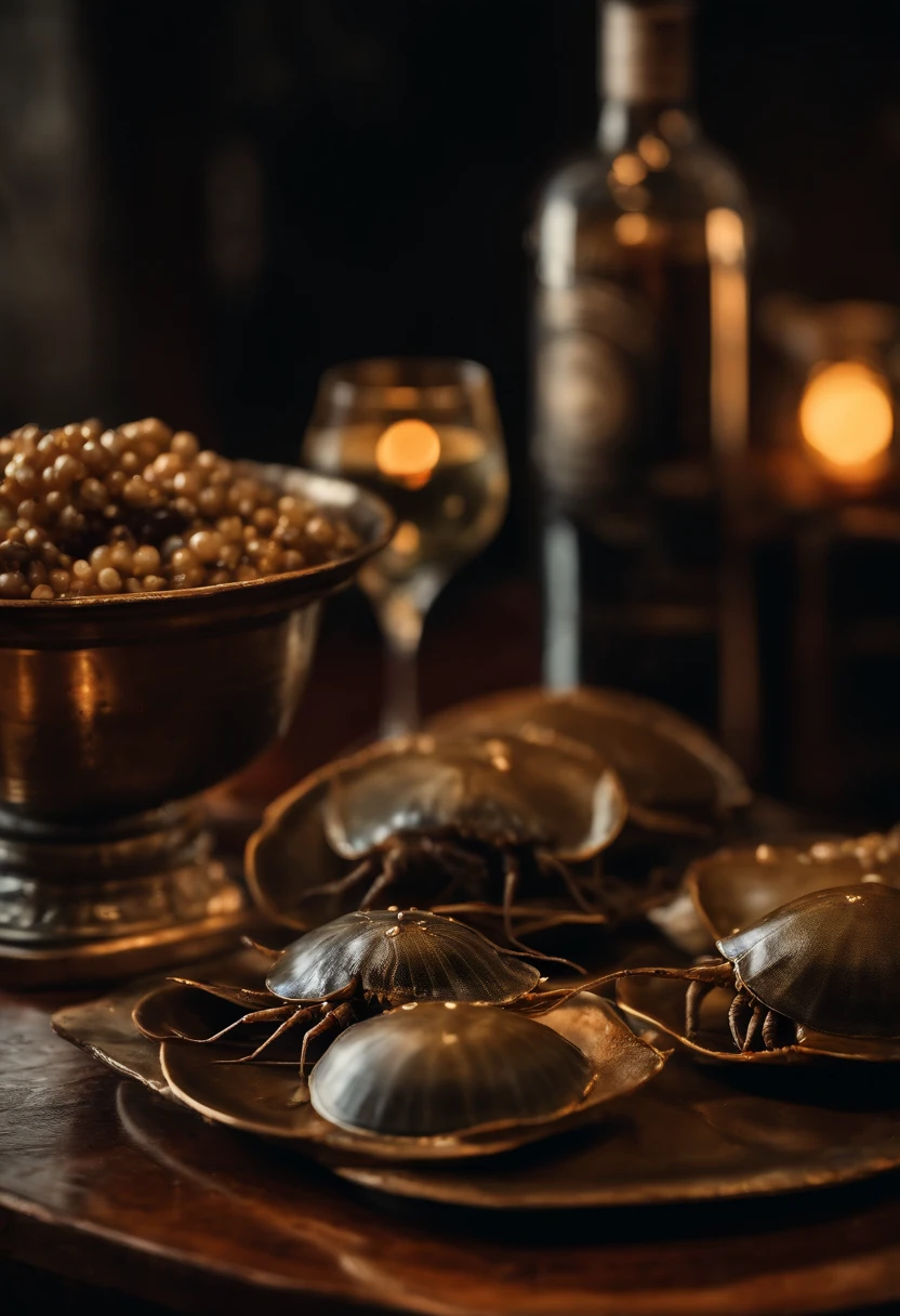 Roasted Thai horseshoe crab、Countless small horseshoe crab eggs spilled over half of the plate...、Thai alcoholic drinks are on the table._There is a Siamese jar and on the rock.。