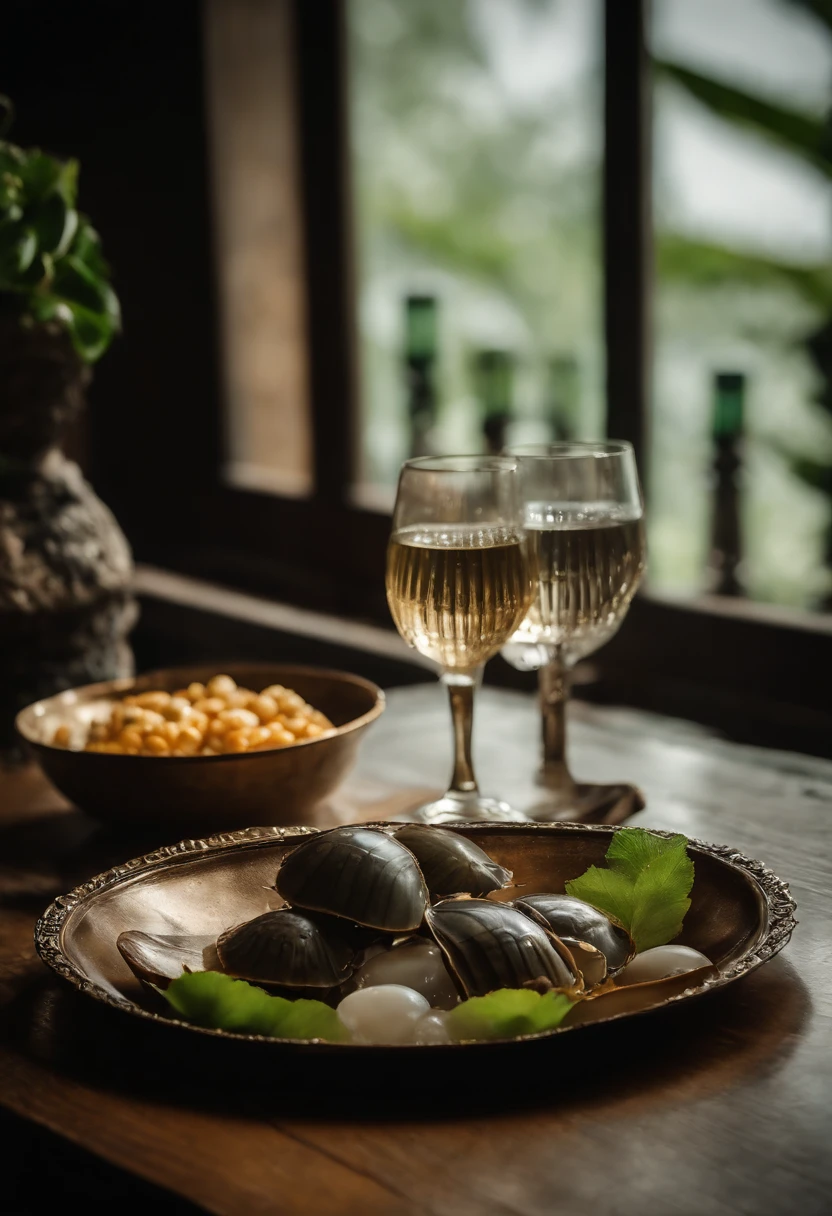 Roasted Thai horseshoe crab、Countless small horseshoe crab eggs spilled over half of the plate...、Thai alcoholic drinks are on the table._There is a Siamese jar and on the rock.。