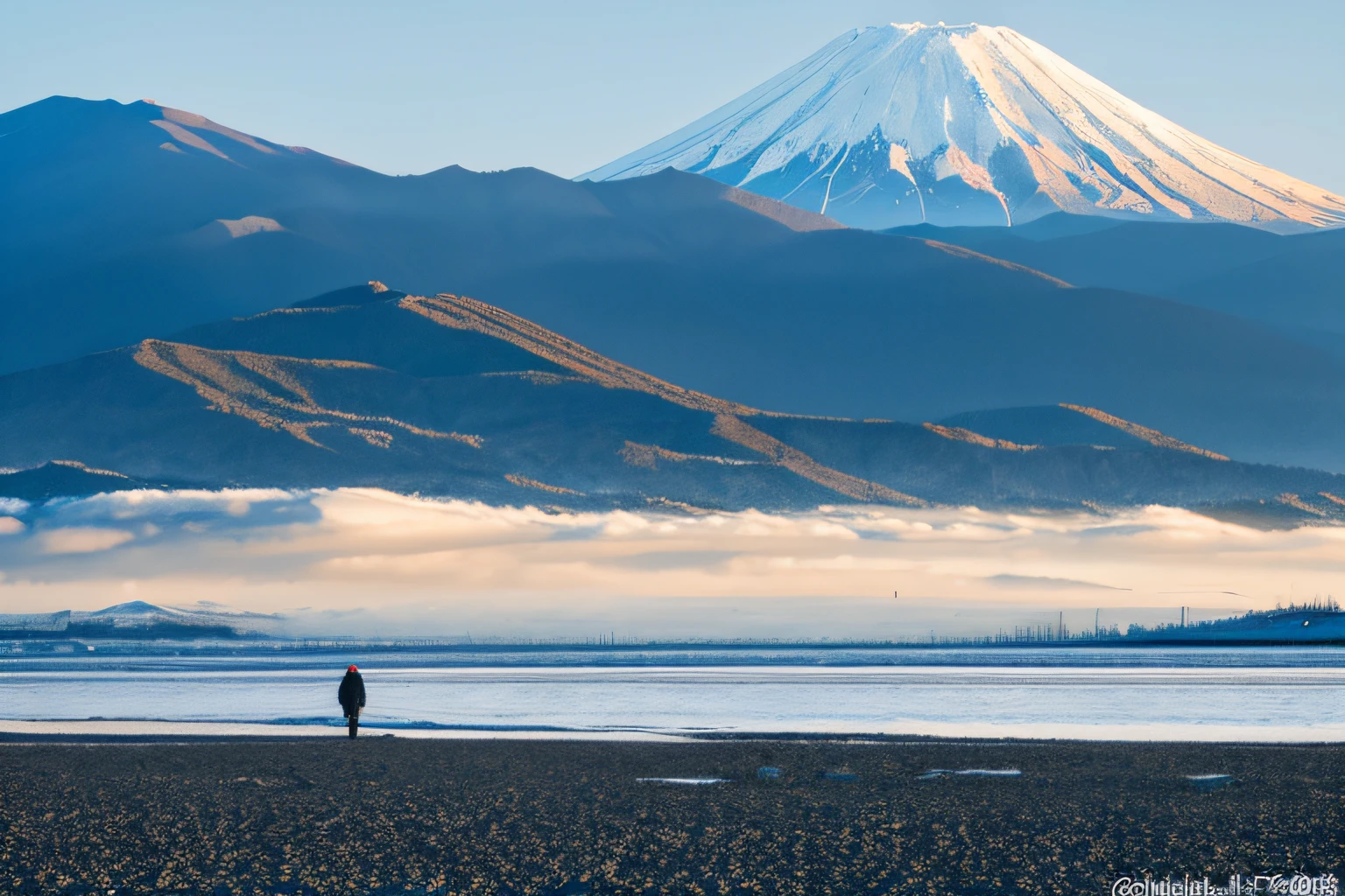 when you go to the beach, the world was pure white.。Snow is falling on the top of a distant mountain. Fuji