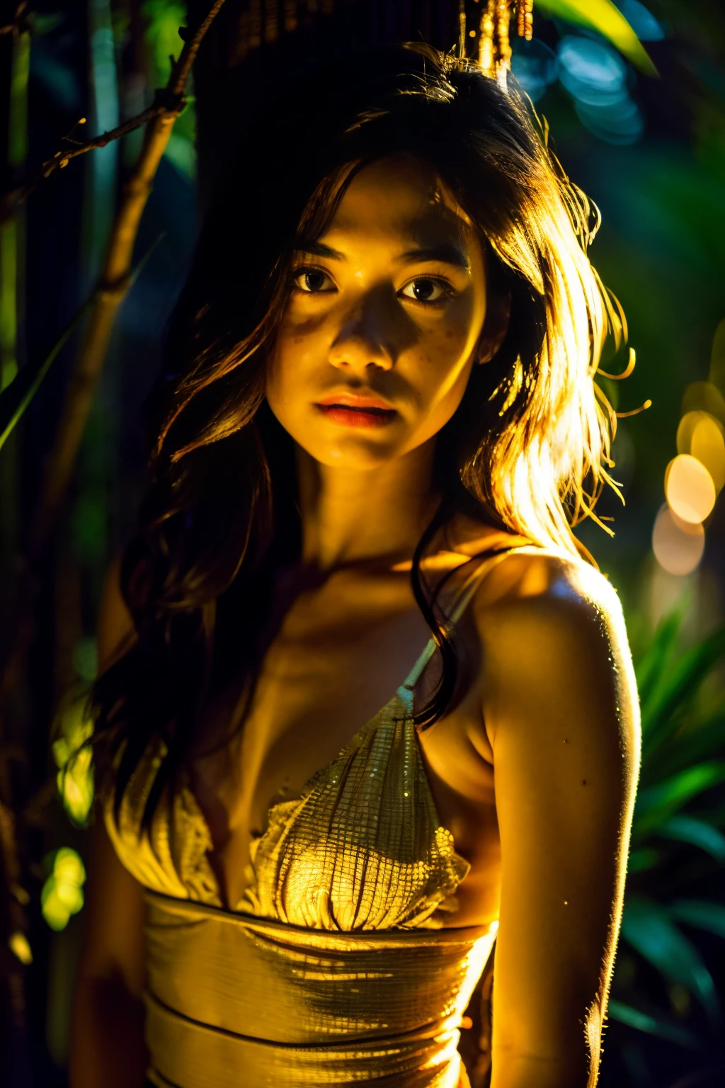 {Top quality}, {{Masterpiece}}, {Superbly delicate and beautiful}, Outstanding light and shadow, Highly detailed wallpaper, Night, Firelight, One girl, Frowning, Messy hair, Realistic skin texture, ,Rainforest, Tight waist, Freckles,