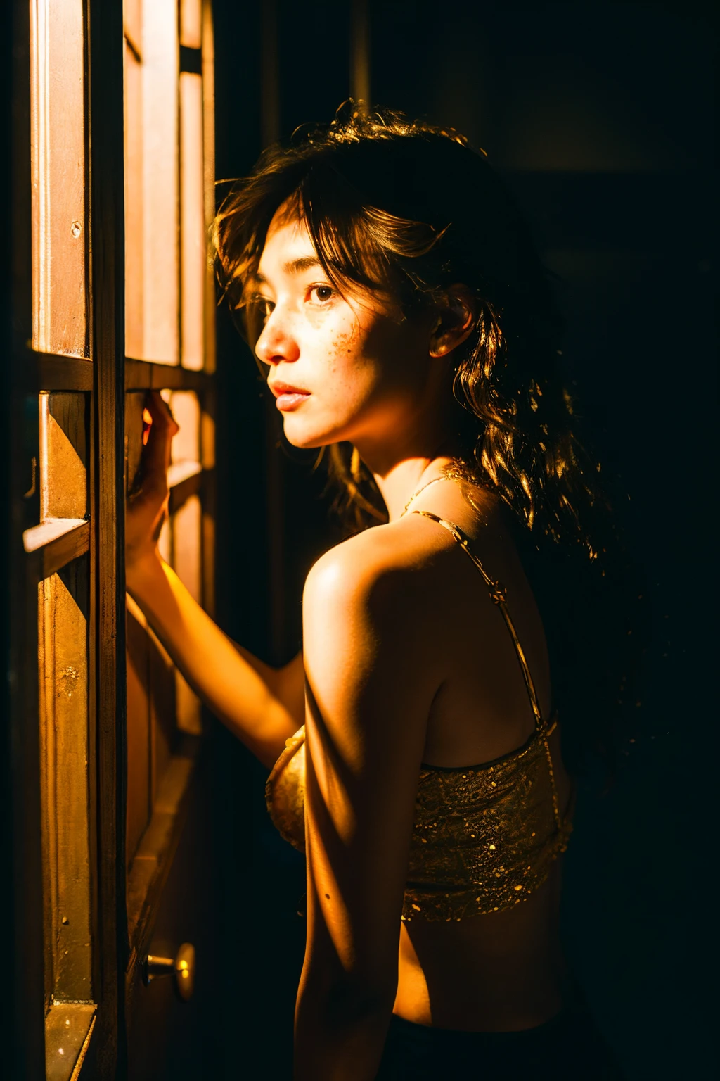 {Top quality}, {{Masterpiece}}, {Superbly delicate and beautiful}, Outstanding light and shadow, Highly detailed wallpaper, Night, Firelight, One girl, Frowning, Messy hair, Realistic skin texture, ,Rainforest, Tight waist, Freckles,