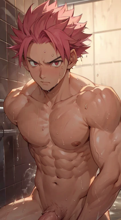 masterpiece, best quality red eyes, game cg, 1boy adult man, rugged adult face, solo, male focus, looking at viewer, upper body, Natsu Dragneel natsu_dragneel, pink hair, red eyes, shirtless naked, toned muscle, pectorals, 8 abs, toned legs, ((naked flaccid penis and scrotum)), slightly bulged, bathroom shower, detailed, dynamic lighting, well lit, ((wet body)) ((tentaclesex tentacle sex))