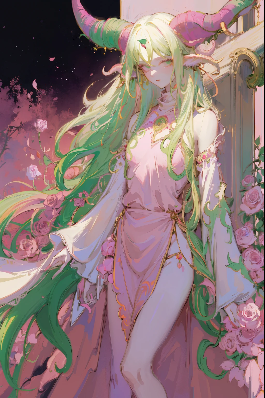 Designed by nty, A woman is, Professional t-shirt design vector,Tokar, 8K, hyper HD, Albino demon girl standing, colorful clothes, shot from far away, (largeeyes, Eyes are delicate and beautiful, Beautiful and delicate face, Details on the face), ( Green curls:1.3) , pink rose bush, winking ,(long and complex horns:1.2) Sneakers with socks, white backgrounid, Complicated details, coloured background, Abstract