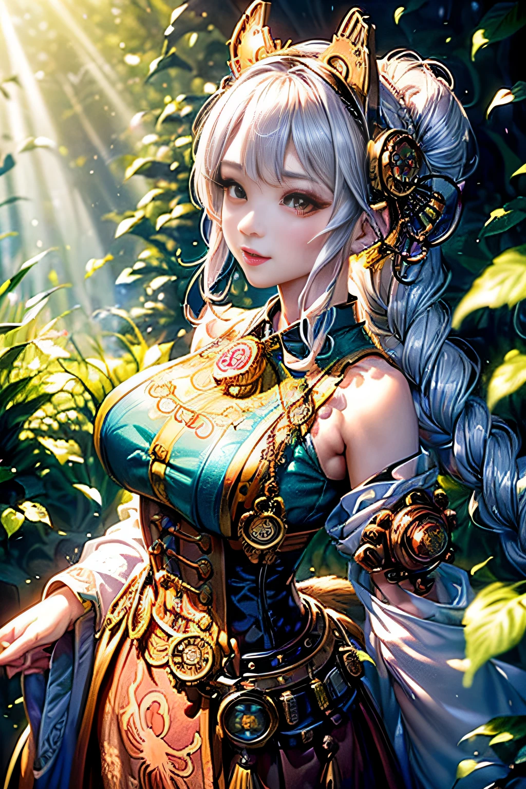 (ukiyoe painting:1.3),(3D Animation:1.3),(((king of steampunk:1.3)),(((Costume with intricate lace details))),(((Vibrant cosplay costumes of mythical creatures))),(((Animal ears))),(Sunbeams filtering through the leaves deep in a mysterious forest:1.3),(Make the subject look three-dimensional with the contrast of light and shadow),Cute and beautiful girl,Cute round face,Cute smile,with blush cheeks,Red Lip,(silver white hair,Floral braided headband,half up、Floral Braided Space Van,Voluminous Fishtail Braids,Twisted chignon,),(Bangs are see-through bangs),hair pin,hair adornments,detailed clothes features,Detailed hair features,detailed facial features,(Dynamic angles),(Dynamic and sexy poses),profetional lighting,Cinematic Light,(masutepiece,top-quality,Ultra-high resolution output image, depth of fields,) ,(32k quality,depth of fields,Anatomically accurate facial structure,),(Sea Art 2 Mode:1.3),(Image Mode Ultra HD,)