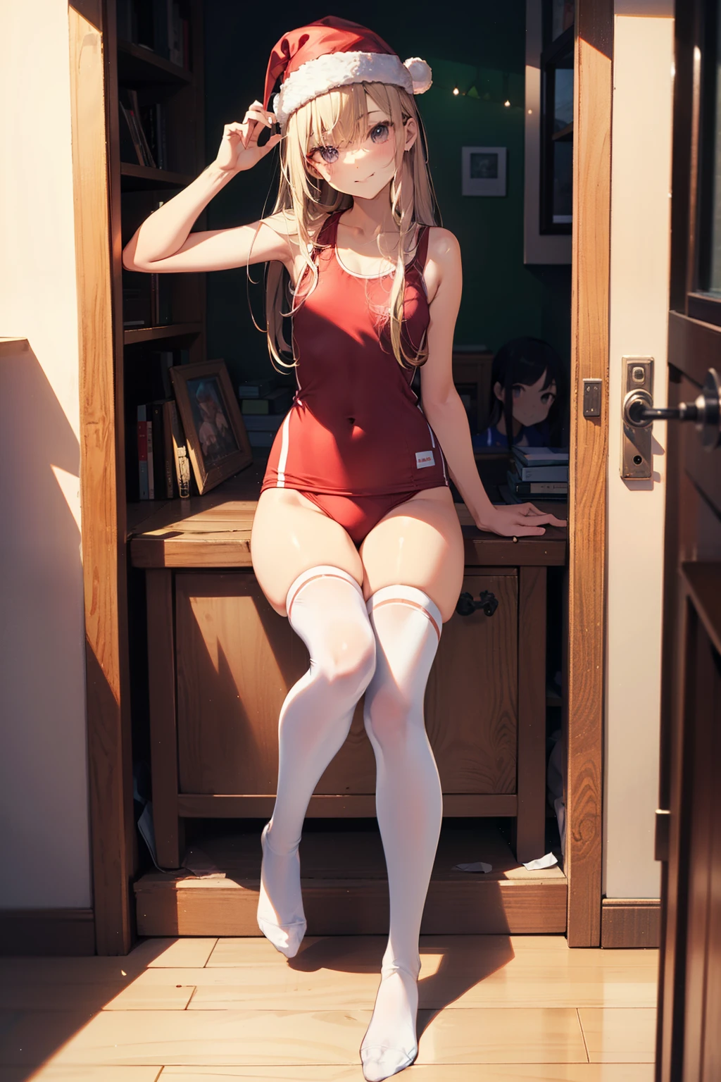 top-quality、Full limbs、complete fingers、Slender beauty、ssmile、Santa Cosplay、Wearing a school swimsuit、Wear knee-high socks、darkened room、Lean forward and look at me