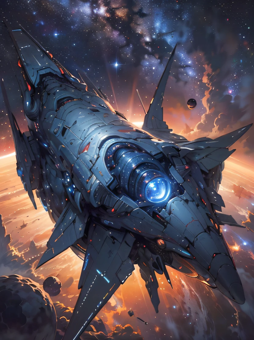 ((masterpiece、top-quality、realisitic、ultra-detailliert、hight resolution、foco nítido、lighting like a movie))、((huge spaceship flying through space))、starrysky、Flying over the planet