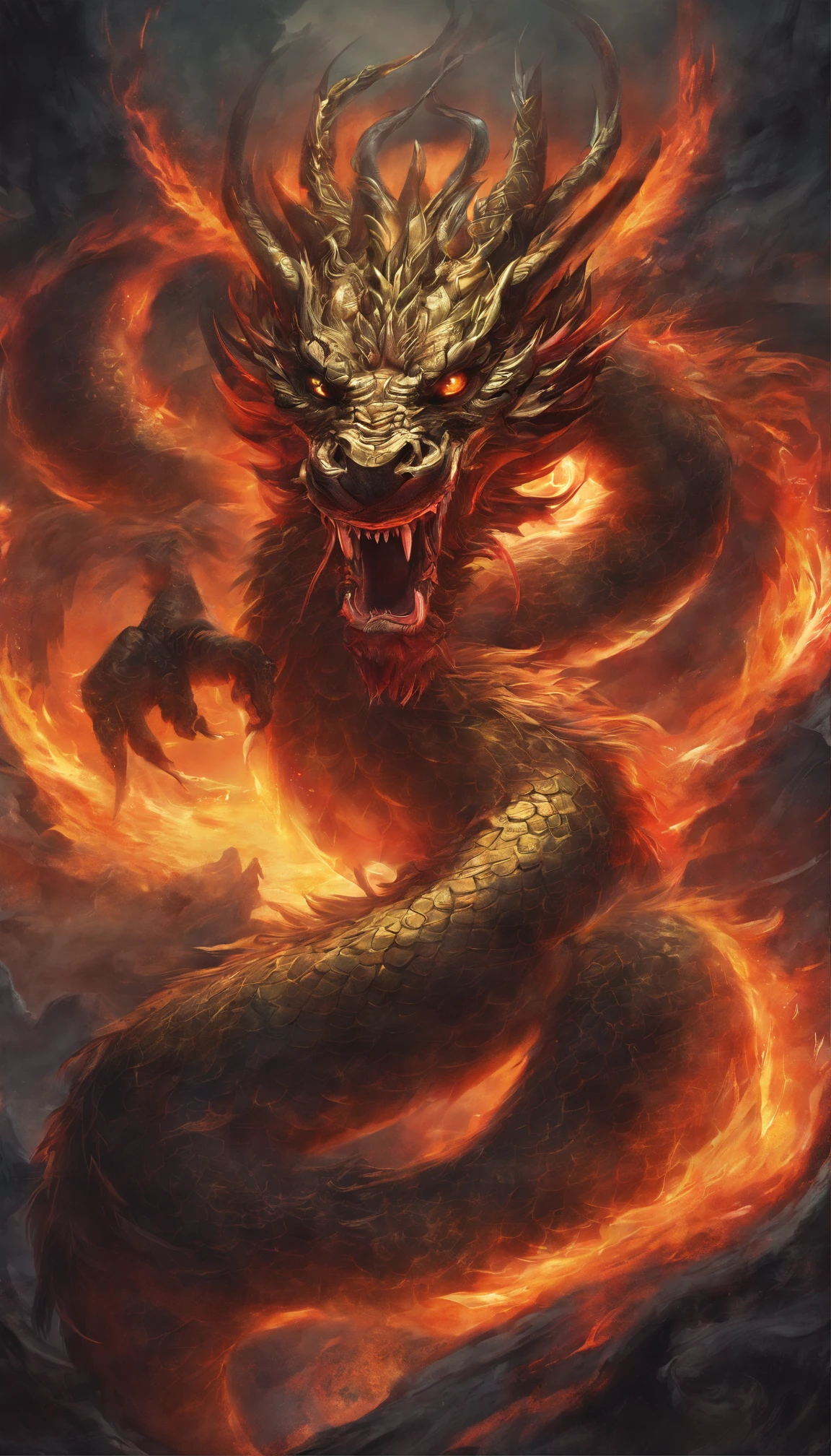 China-style，Chinese mythology，A Chinese Golden Dragon，dongquan，ferocious，immensity，Redness of the eyes，glowing effect，buliding，The medium scene is，Full body like， Highly detailed and hyper-realistic visuals，OC Render