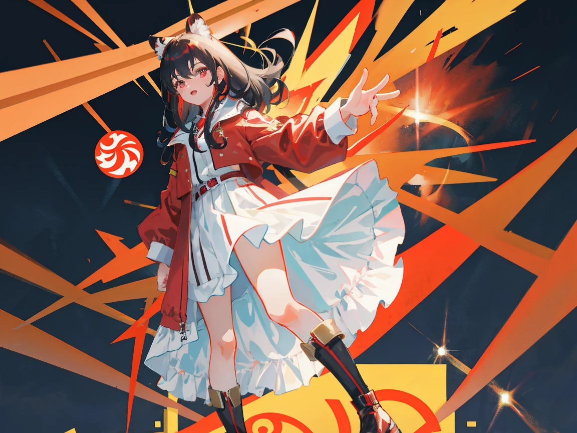 Supreme，1girll，long legs，maroon e and black shirts， upskirt，windproof boots，Large red and black trench coat，Long red and black hair，red eyes，standing pose，Red Katana，HighestQuali,4k，Chinese girl design，tiger-girl, tiger hybrid, bare belly, Detailed Genshin graphics，anime character design，anime concept art，pretty anime character design，anime character reference sheet，[character design]，4k，Details