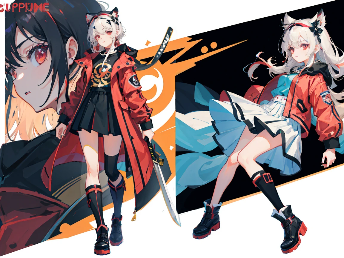 Supreme，1girll，long legs，maroon e and black shirts， upskirt，windproof boots，Large red and black trench coat，Long red and black hair，red eyes，standing pose，Red Katana，HighestQuali,4k，Chinese girl design，tiger-girl, tiger hybrid, bare belly, Detailed Genshin graphics，anime character design，anime concept art，pretty anime character design，anime character reference sheet，[character design]，4k，Details