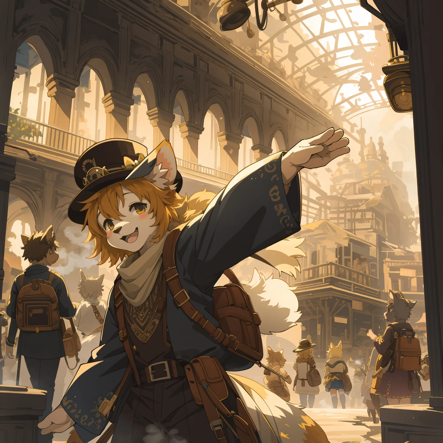 uploaded to e621, cover_page, highres, top quality, best quality, paid reward available, High-quality illustrations, unparalleled masterpiece, perfect artwork, absurdres, super high resolution, detailed background, Steam punk, Beautiful World Heritage, 6+boys, 6+girls, Happy, joyful(Photos of solo travelers)(kemono, furry anthro)cinematic lighting, dynamic angle,