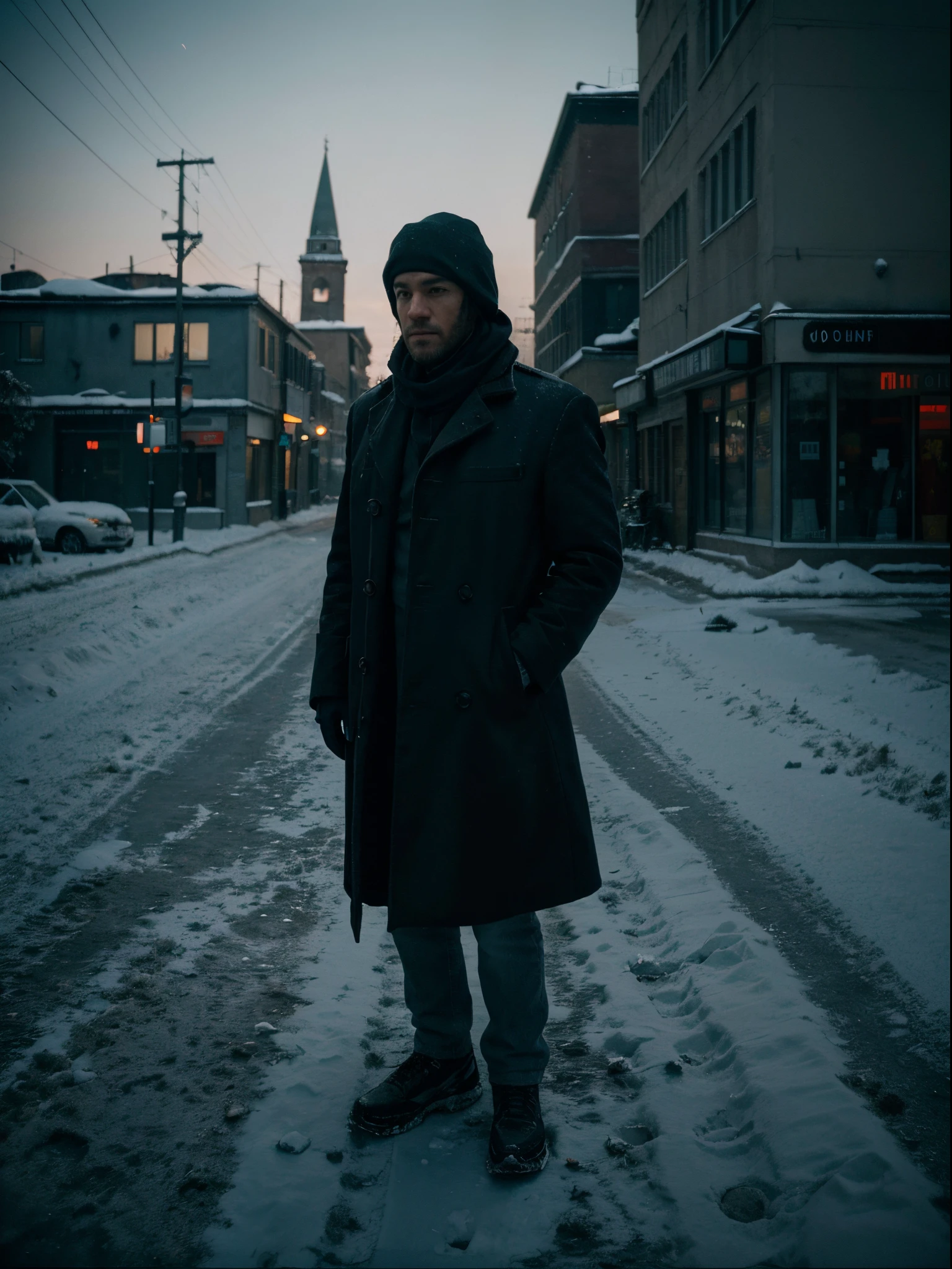 A closeup picture of a man and a dog, late in the afternoon and getting dark, few lights on street, Desolate snowscapes, barren landscapes, buildings of the 15 century, chilling isolation, icy desolation, haunting silence, relentless cold, oppressive stillness, faded footprints, obscured horizons, frozen ruins, endless twilight, ARRI Alexa Mini, RED Komodo, Sony VeniceFilm Stock/Emulation: Kodak Vision3 500T, FujiFilm Eterna Vivid 250D, Film stock emulationColor Grading: Cool & Desaturated, Contrast & Depth, Subtle Color Palette