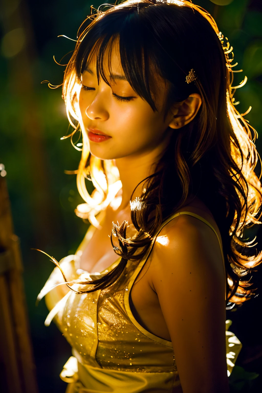 {of the highest quality}, {{masutepiece}}, {wonderfully delicate and beautiful}, Outstanding light and shadow, highly detailed wallpaper, Night, firelight, One girl, frowning, hair messy, Realistic skin texture, ,rainforests, Tight waist, freckle,