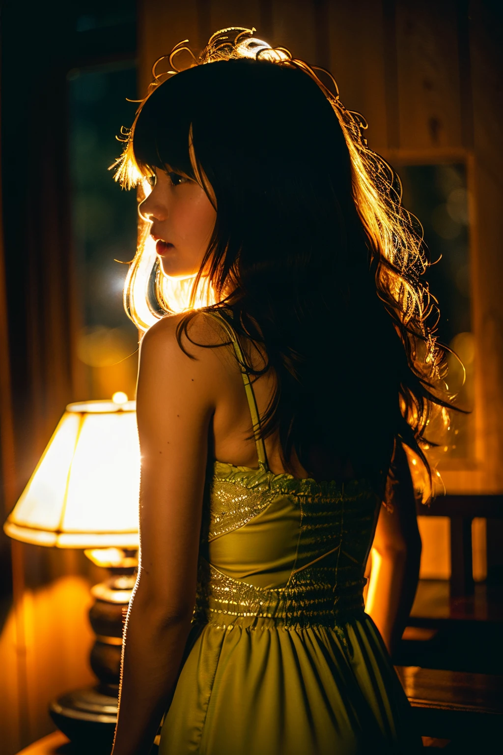 {of the highest quality}, {{masutepiece}}, {wonderfully delicate and beautiful}, Outstanding light and shadow, highly detailed wallpaper, Night, firelight, One girl, frowning, hair messy, Realistic skin texture, ,rainforests, Tight waist, freckle,