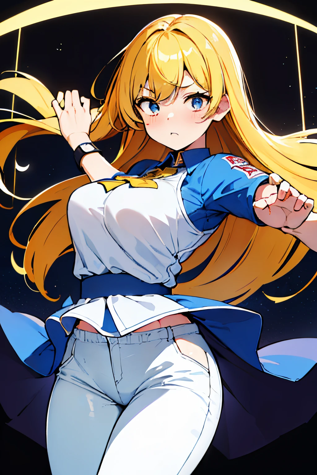 top-quality、Top image quality、masterpiece、girl with((18year old、 White sports bra、White pants、Best Bust、Bust 85、a blond、Semi-long、Blue eyes、open chest wide、Valley、Happiness、Black wristband on wrist、A slender、embarassed face))hiquality、Camera Film Style、Background with((Nice star night ))、masterpiece、cool style、Elaborate design、visualart, wearing golden knucles, fight pose