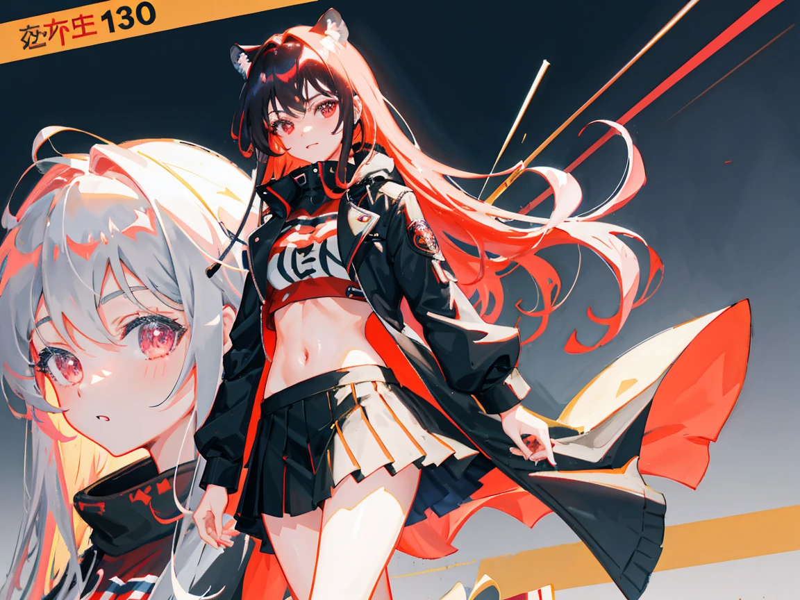 supreme，1girll，long legs，maroon and black shirts， Upskirt，windproof boots，Large red and black trench coat，Long red and black hair，red eyes，standing pose，Red Katana，HighestQuali,4k，Chinese girl design，tiger girl, tiger hybrid, bare belly, Detailed Genshin graphics，anime character design，anime concept art，pretty anime character design，anime character reference sheet，[Character design]，4k，detailed, dark hair