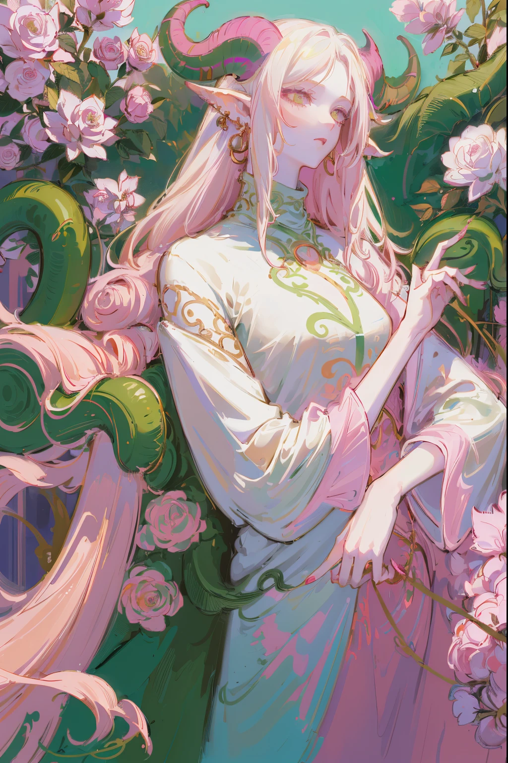 Designed by nty, A woman is, Professional t-shirt design vector,Tokar, 8K, hyper HD, Albino demon girl standing, colorful clothes, shot from far away, (largeeyes, Eyes are delicate and beautiful, Beautiful and delicate face, Details on the face), ( Green curls:1.3) , pink rose bush, winking ,(long and complex horns:1.2) Sneakers with socks, white backgrounid, Complicated details, coloured background, Abstract