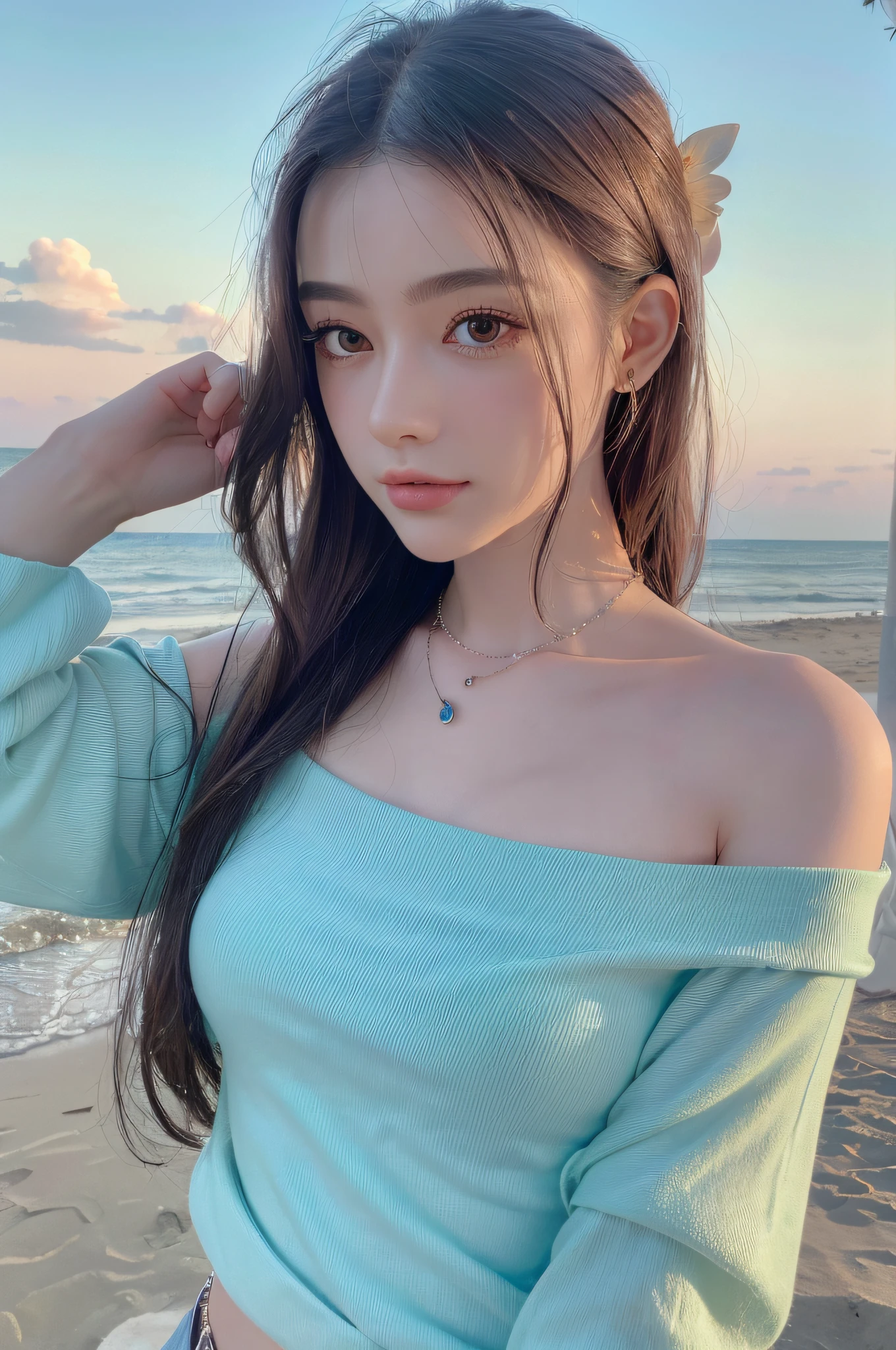 (upper body), (best quality:1.1) ,(photorealistic:1.1), (photography:1.1), (highly detailed:1.1), looking at viewer,armlet, Jade bracelet, eyelashes, happy, medium breasts,beautiful detailed girl, (extremely detailed eyes and face), (lighting on face),necklace,Colorful clothes, [chinese clothes],[off shoulder], (solo:1.2), sandbeach,sand,Standing by the seaside, summer, (beautiful detailed sky),