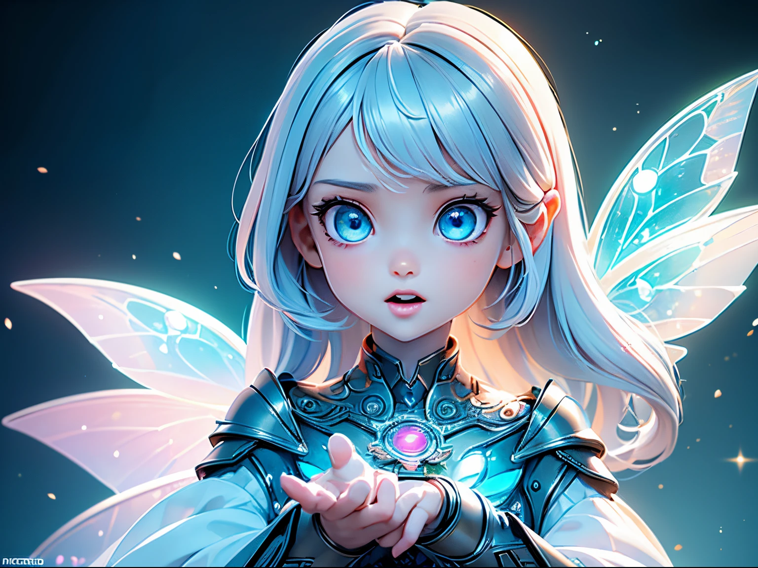 (masterpiece), realistic, cinematic light, a 10yo girl, (((utopia world, playing with fairies in a dream ))), full body, beautiful eyes, silver hair, perfect anatomy, very cute, (blue eyes) , bioluminescence, 8 life size,8k resolution, human hands, elegant, approaching perfection, dynamic, highly detailed, character sheet, concept art, smooth, facing directly at the viewer positioned so that their body is symmetrical and balanced, stunningly beautiful teenage girl, her eyes tear up as she hold back the pain, open mouth and stick out tongue, from below and side, fractal art,