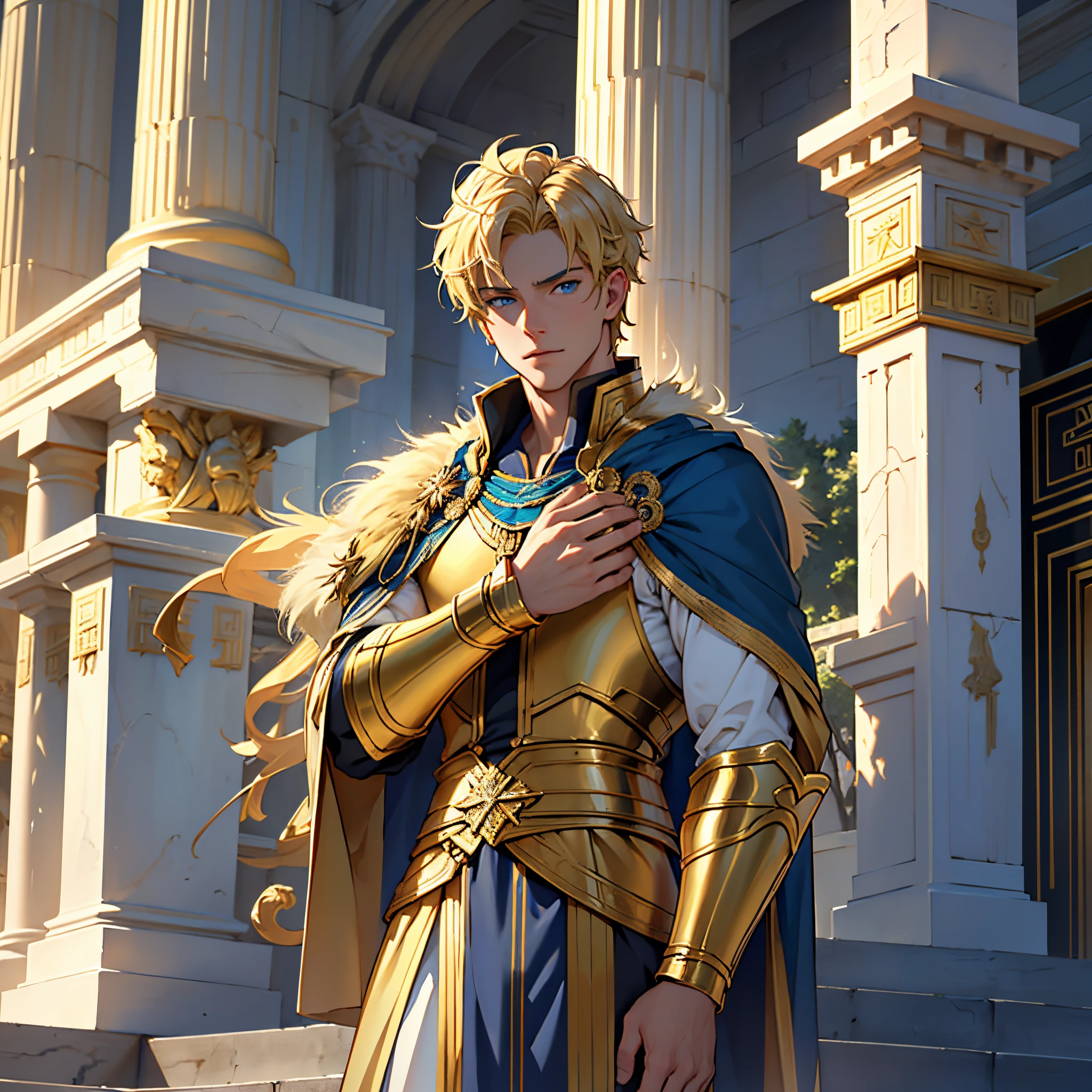 masterpiece, Best Quality, 4k, Very detailed, Close-up of a person'Upper body body, Background with:In front of the stairs of the golden Greek temple built on the lake, Man in golden armor and blue cloak with lion fur(short blonde male hair, Blue eyes)