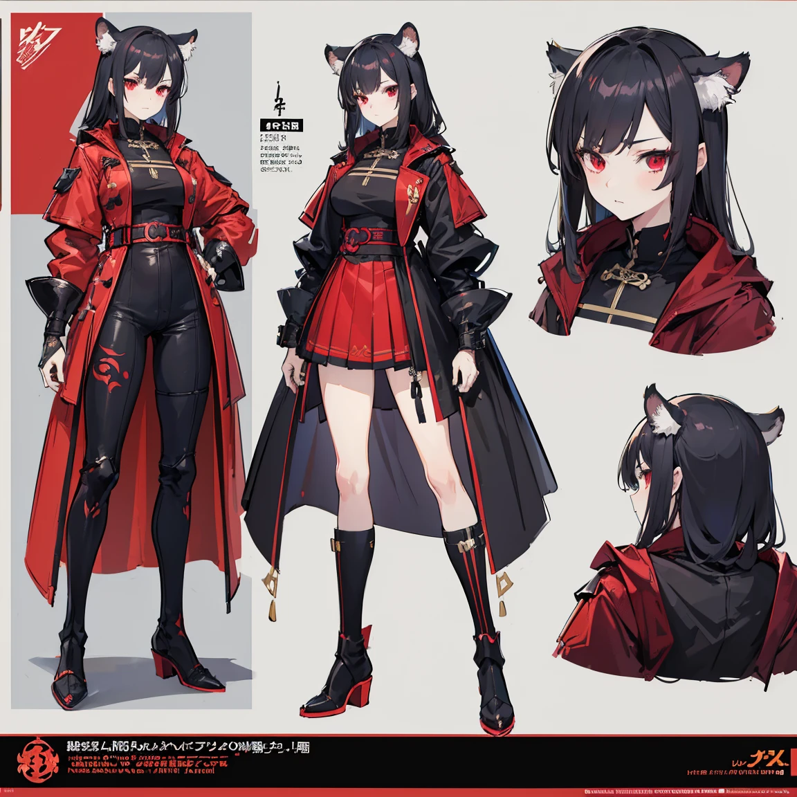 (Piece masuter,Best Quality,Ultra-detailed), (Character Sheet:1.2),full - body, supreme，1girll，long legs，maroon and black shirts， Upskirt，windproof boots，Large red and black trench coat，Long red and black hair，red eyes，standing pose，Red Katana，HighestQuali,4k，Chinese girl design，tiger girl, tiger hybrid, bare belly, Detailed Genshin graphics，anime character design，anime concept art，pretty anime character design，anime character reference sheet，[Character design]，4k，detailed, dark hair, super detaill, SolidBackground, higly detailed, 4k,Dagger Decoration,The same character