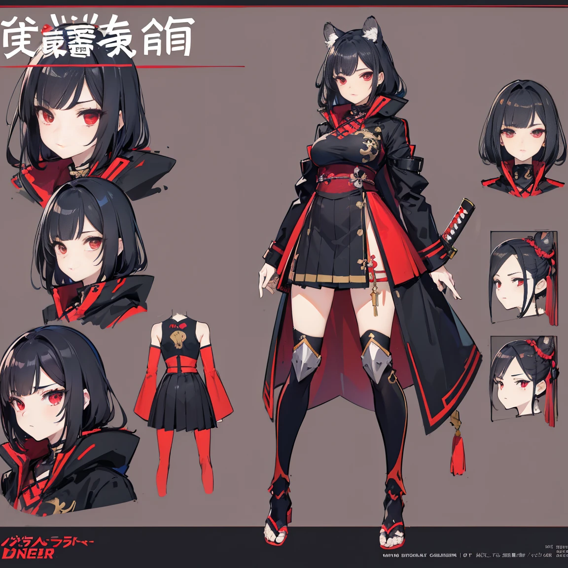 (Piece masuter,Best Quality,Ultra-detailed), (Character Sheet:1.2),full - body, supreme，1girll，long legs，maroon and black shirts， Upskirt，windproof boots，Large red and black trench coat，Long red and black hair，red eyes，standing pose，Red Katana，HighestQuali,4k，Chinese girl design，tiger girl, tiger hybrid, bare belly, Detailed Genshin graphics，anime character design，anime concept art，pretty anime character design，anime character reference sheet，[Character design]，4k，detailed, dark hair, super detaill, SolidBackground, higly detailed, 4k,Dagger Decoration,The same character