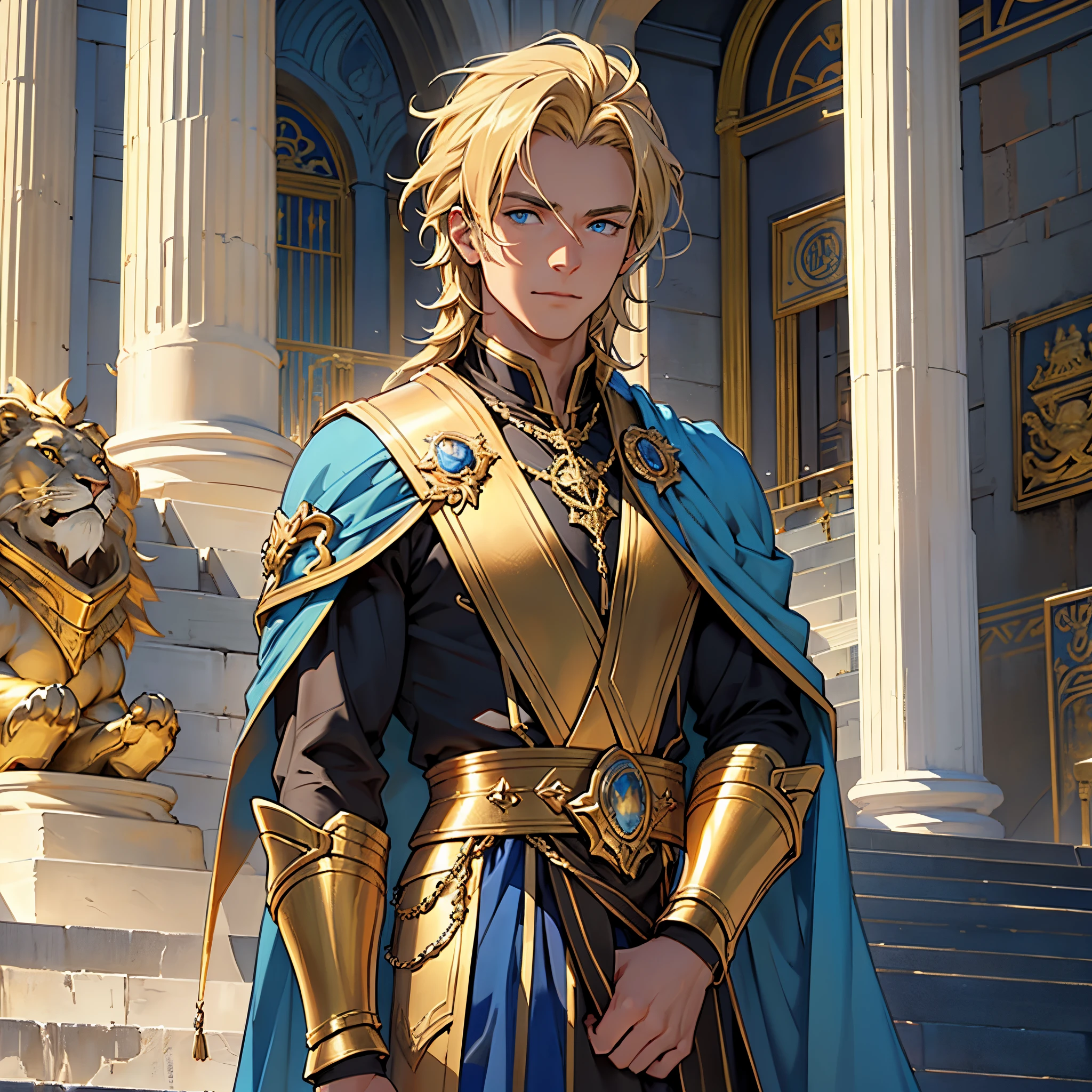 masterpiece, Best Quality, 4k, Very detailed, Close-up of a person'Upper body body, Background with:In front of the golden Greek temple stairs built on the lake, Man in blue cloak with golden armor and lion fur(short blonde man hair, Blue Eyes)