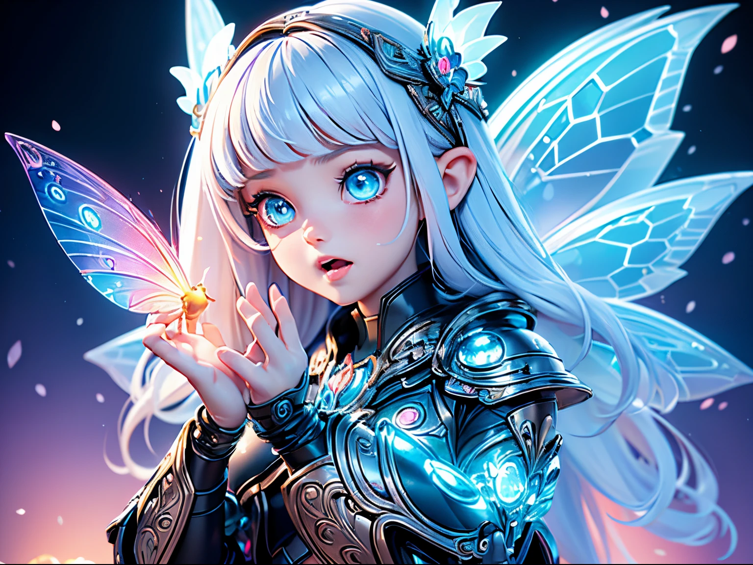 (masterpiece), realistic, cinematic light, a  girl, (((utopia world, playing with fairies in a dream ))), full body, beautiful eyes, silver hair, perfect anatomy, very cute, (blue eyes) , bioluminescence, 8 life size,8k resolution, human hands, elegant, approaching perfection, dynamic, highly detailed, character sheet, concept art, smooth, facing directly at the viewer positioned so that their body is symmetrical and balanced, stunningly beautiful teenage girl, her eyes tear up as she hold back the pain, open mouth and stick out tongue, from below and side, fractal art,