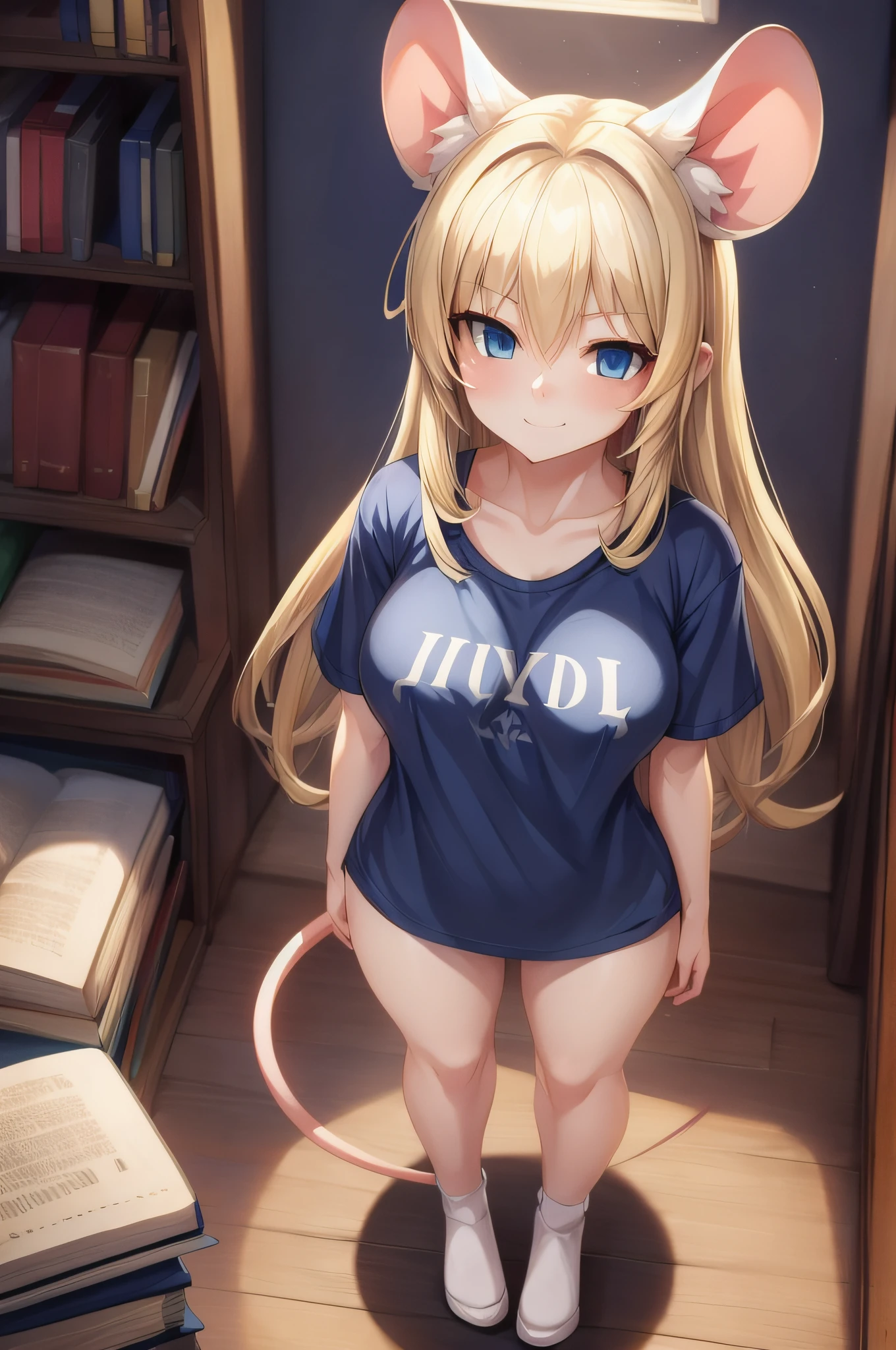 View from above a very short blonde humanoid girl with pale skin and long blonde hair and blue eyes and fluffy mouse ears and a short thin mouse tail and average breasts with a navy blue t-shirt on and is standing on a giant book.