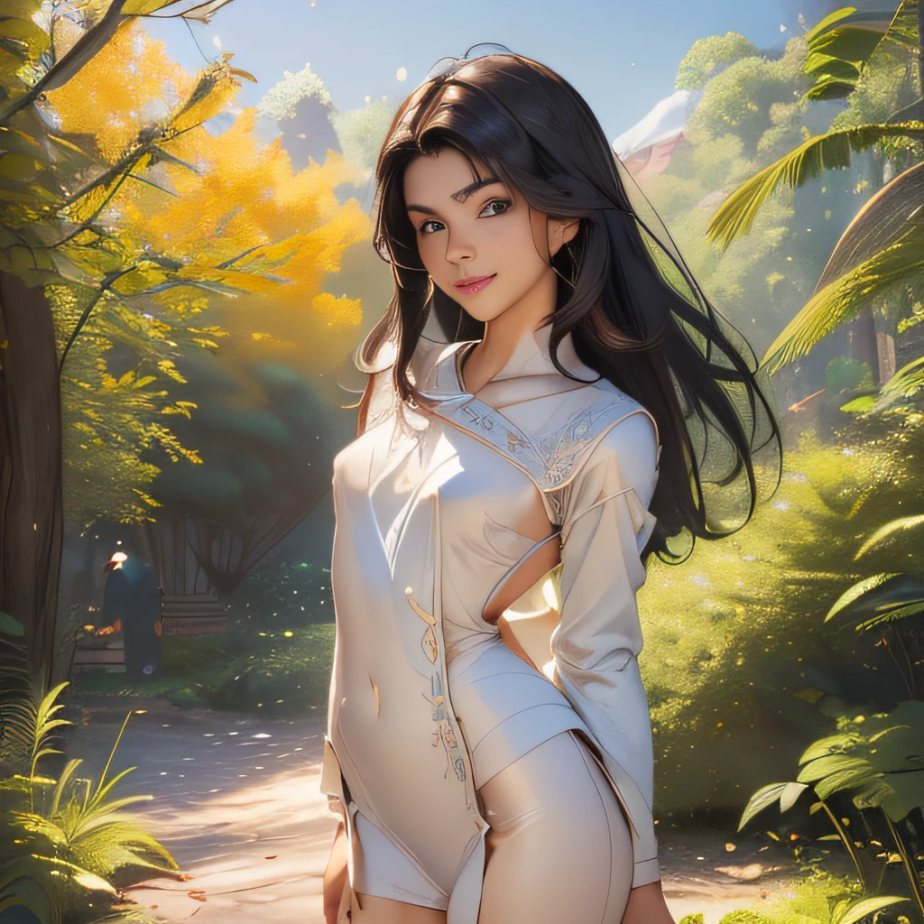 (masterpiece, highly detailed), (cinematic lighting, volumetric), lut, (view from front), ((medieval hot spring, steamy air, water)), (dynamic posing, standing), (eye contact), (woman, elf, beautiful, sexy), tanned brown skin, long black hair, glowing green eyes, (athletic body, fit), nipples, (abs), detailed smooth vagina, ((nude)), 