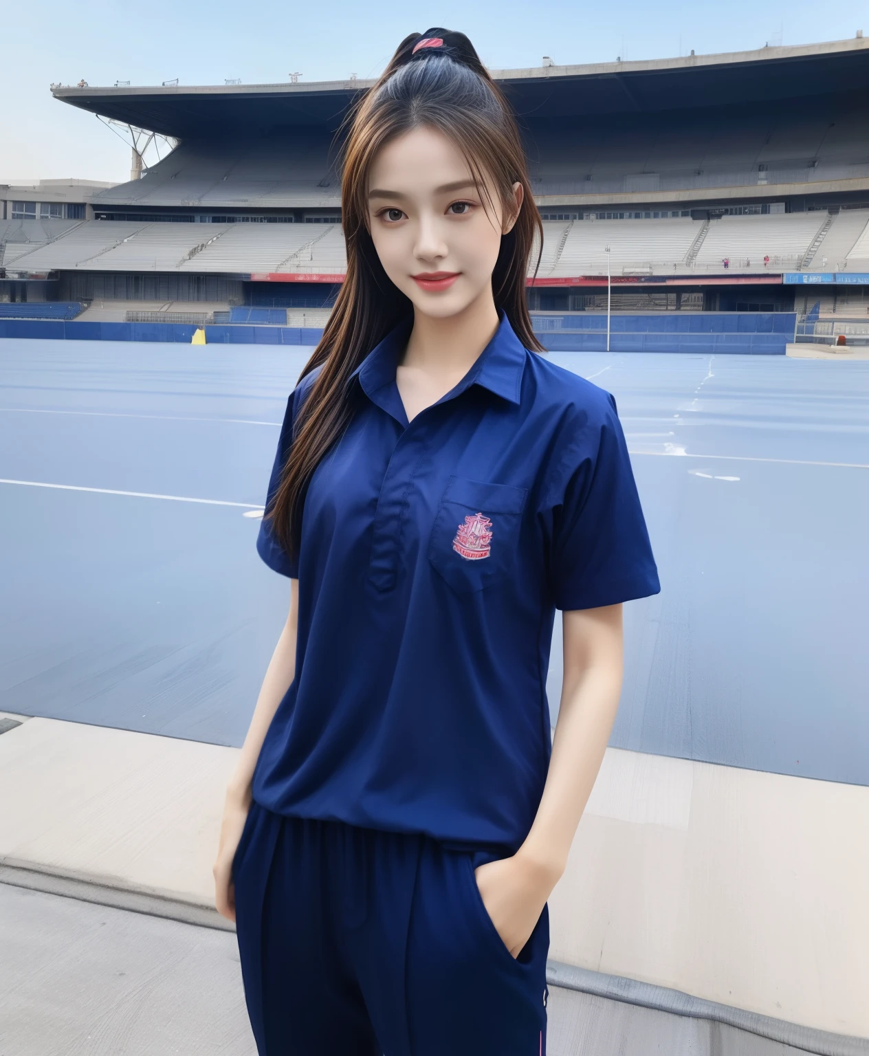 (bestquality,10,10,highres,masterpiece:1.2),ultra-detail,(Realistic,photorealistic portrait,photo-realistic:1.37),1 Cute girl in the football field,oily shiny skin,bara,light smile,BDclothes,((blue shirt:1.3)),short sleeves,shirt, trousers.,(navy_long_Pants Track:1.1), ((Stadium Background:1.3)),dynamic angle,excited,face focus,Dynamic Poses,from behide,Ass Focus,masterpiece, bestquality, ultra realistic, hyper-detail, 8k resolution, RAW photo, crisp focus, ((Navy blue shirt:1.1)), short sleeves, Long Path, Perfect body, 2 mature women, 18yo, cinematic light,Blue sweatpants,Gymware,Correct anatomy,Complete body, Correct body, sharp face, Anatomically correct body, full entire body, Realistic gestures, long-haired, Realistic poses,Wear long shorts..........................,Long leg span,Shapely,Sculpting Girl, Slender Figure, mannequin mannequins, Shapely, Beautiful body,Blue sweatpants, Two girls kissing