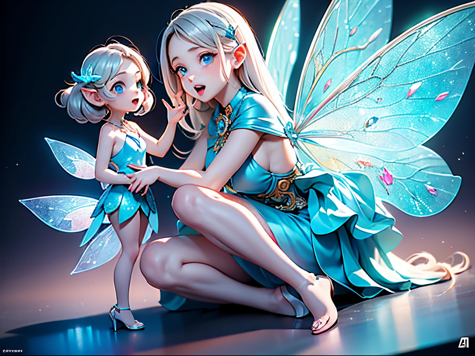 (masterpiece), realistic, cinematic light, (((utopia world, a 10yo girl is playing with fairies in a dream ))), full body, beautiful eyes, silver hair, perfect anatomy, very cute, (blue eyes) , bioluminescence, 8 life size,8k resolution, human hands, elegant, approaching perfection, dynamic, highly detailed, character sheet, concept art, smooth, facing directly at the viewer positioned so that their body is symmetrical and balanced, stunningly beautiful teenage girl, her eyes tear up as she hold back the pain, open mouth and stick out tongue, from below and side, fractal art,