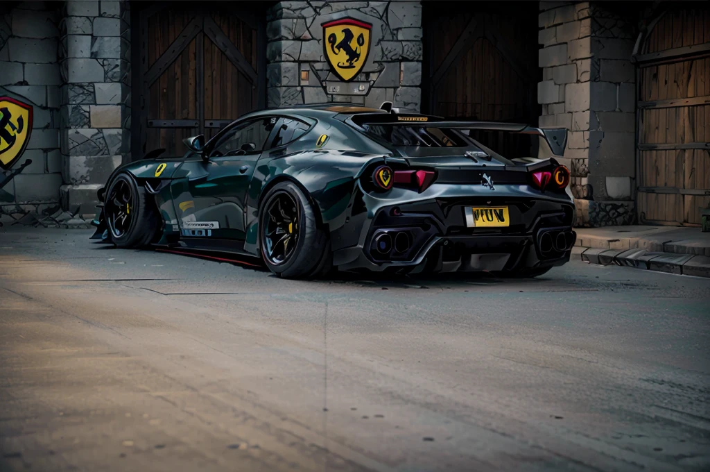 (Racing Yellow), (((Ferrari GTC4Lusso))) carbon fibre wide body kit, wide body, skirts, (rear gt wing spoiler), race exhaust, front bumper splitter, racing tyres and deep dish racing allow wheels, bodywork and styling by jonsibal, hycode, liberty walk. Inspired by forza horizon and gran Turismo, detailed automotive concept art, cgi, trending in carscoops.com, artstation.com, behance contest winner, 3d, urban light night LUTs, HDR, capture one, 3ds max, octane render, unreal engine, cinematic lighting, epic, raw, detailed bodywork, race decals