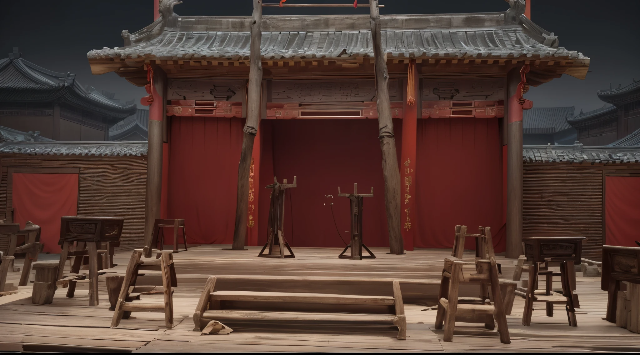 ancient chinese execution ground,hyper HD,Octane rendering,4k,High quality with a wooden structure,With roof and wooden benches, historical context, theatrical, Beautiful images, theatrical scenery, Tang Dynasty Palace, movie set, hijabi sluty, theater stage, Covered outdoor stage, full view, movie set”, 1700s, 1 7 0 0 seconds, theater stage, Front view, Front view, high drama