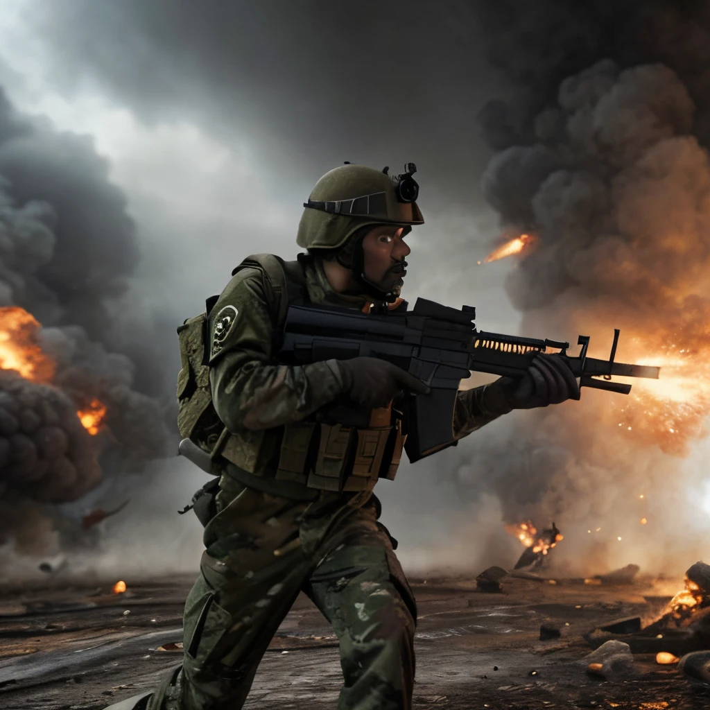 Um homem, com farda de fuzileiro do exercito americano, fotorealista, autoretrato realista, imagem real, pele humana realista, em um ambiente de combate de guerra, , bombas explodindo ao fundo, smoke in the sky, vehicles on fire, apocalyptic scenery