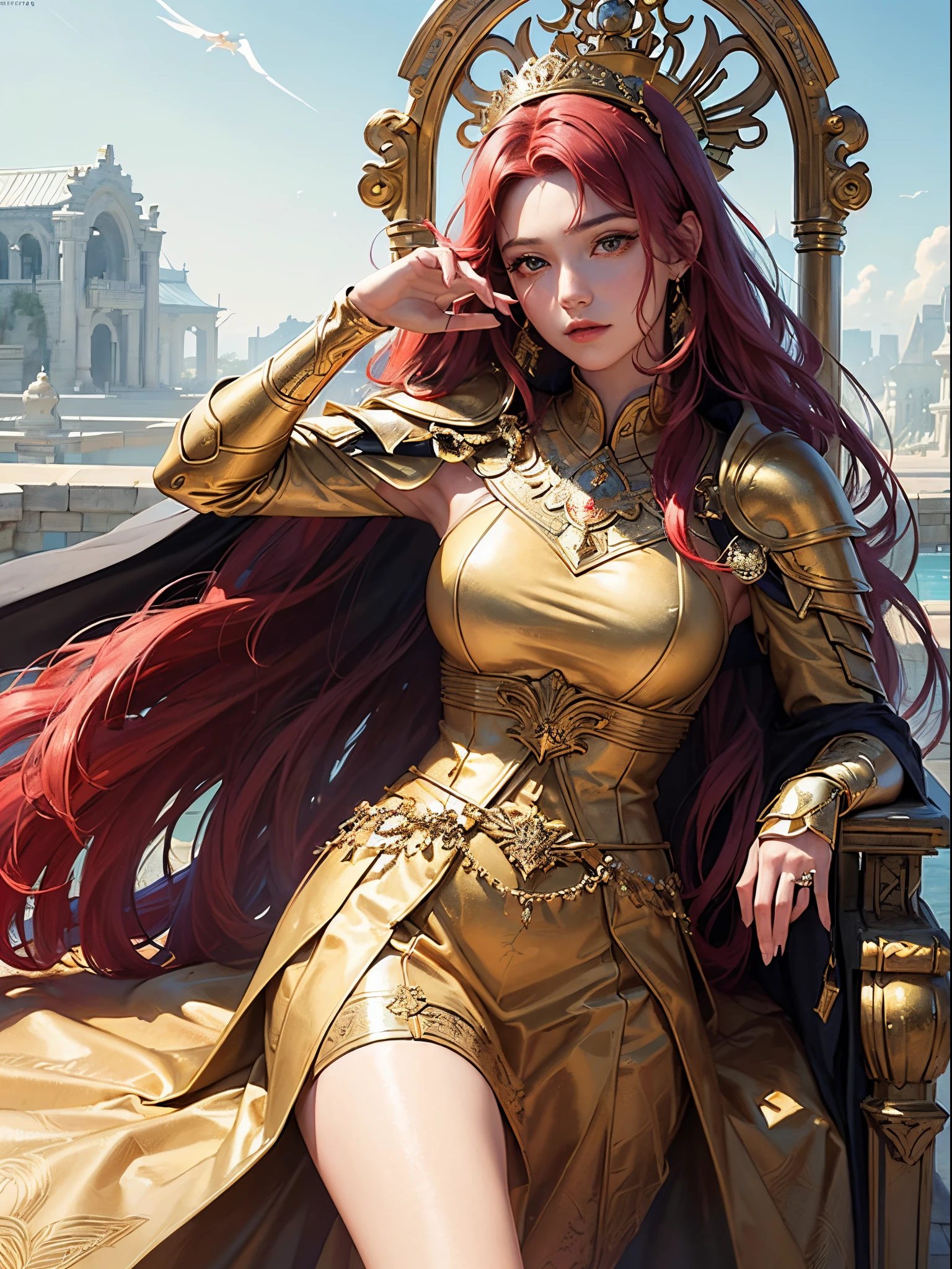 (3D anime, imagem 3D, best quality), Boa Hancock - A Imperatriz Pirata e líder dos Piratas Kuja,(beautiful face, extraordinary beauty, power to petrify),(red dress, gold details),(artistic background, ocean horizon),(dramatic lighting, catchlights, dark shadows),(epic pose, standing), Volumetric light.