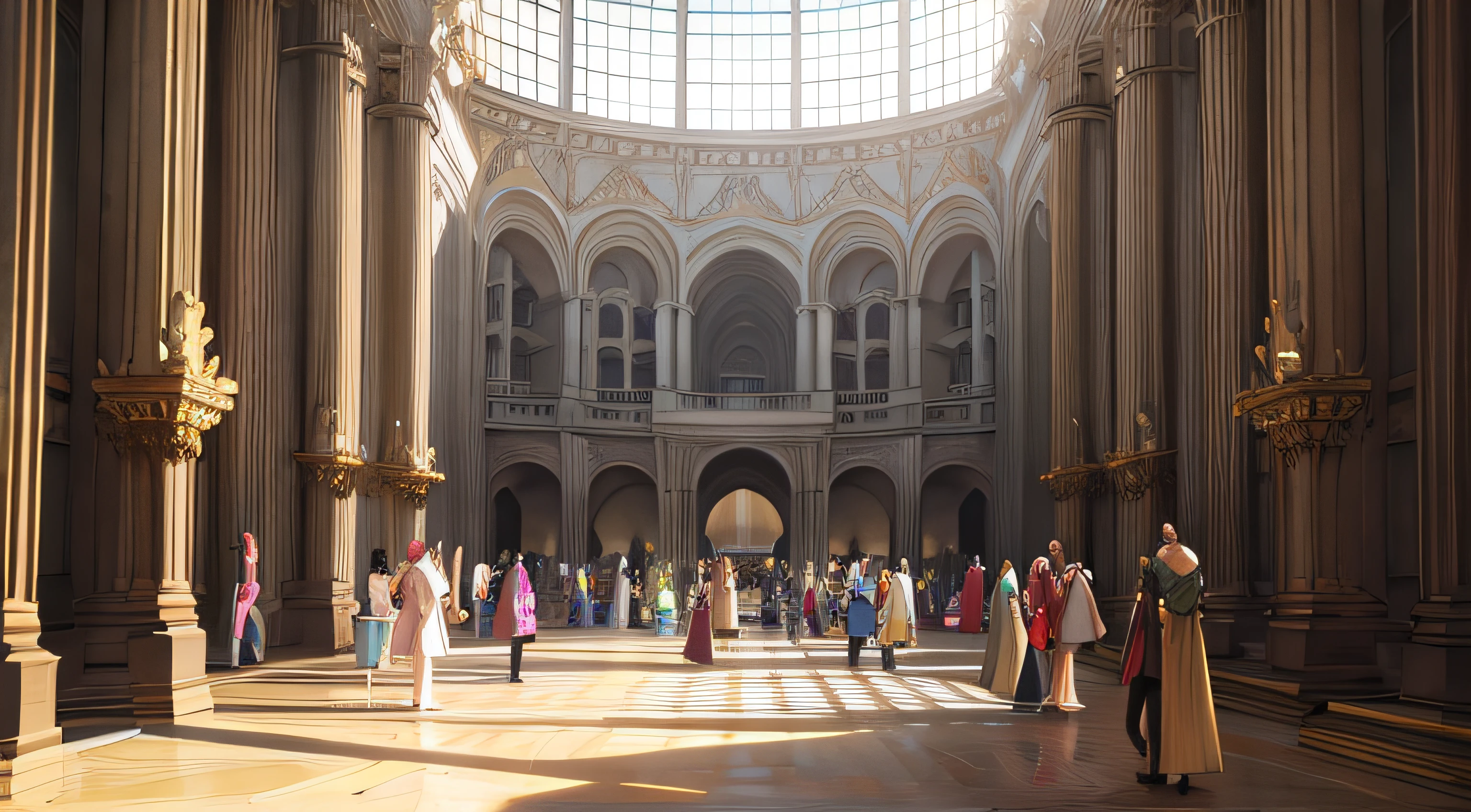 crowded people inside of a wide palace (fantasy theme)