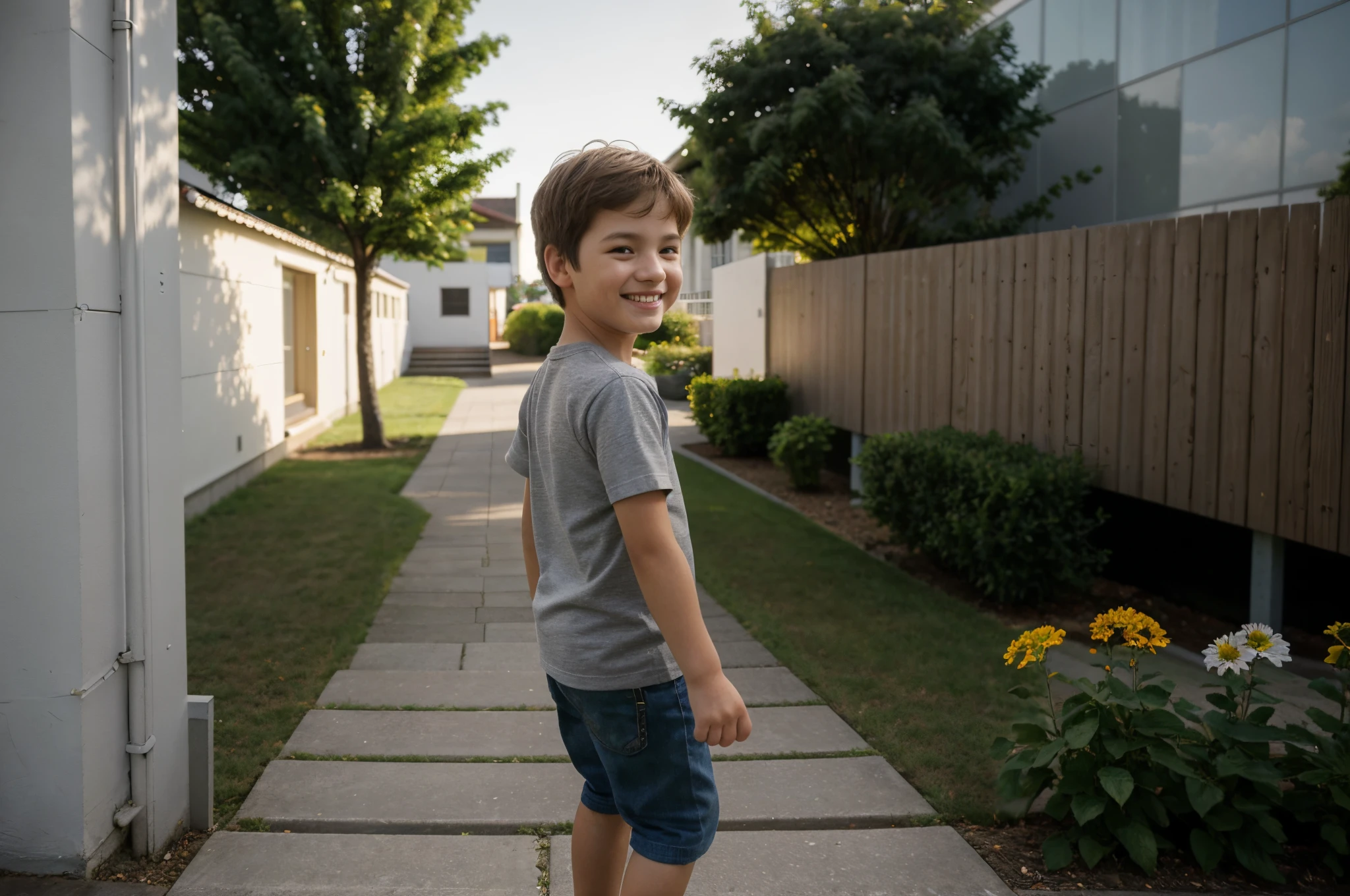 Best quality，8K，A high resolution，tmasterpiece，super detailing，realistically，Shoot real，photo lifelike，Realphotos，A 7-year-old boy walks up the stairs of a primary school in a modern architectural style，Light gray T-shirt（Look back and laugh：1.37），（with short golden hair：1.37），Moments of honesty，cheerful，smile back：：4，foot on foot，walked，Adobe Stock，pic，interesting background，Summer sunshine，Slr，first person perspective，beautiful light up