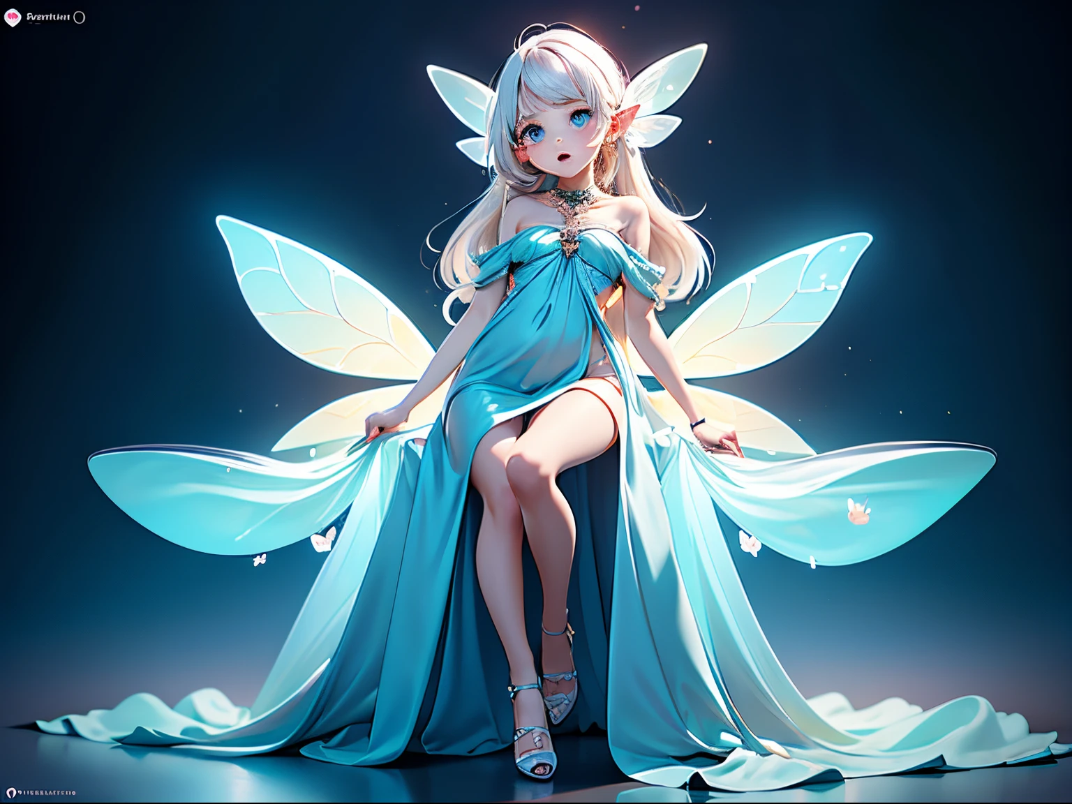 (masterpiece), realistic, cinematic light, (((utopia world, a 10yo girl is playing with fairies in a dream ))), full body, beautiful eyes, silver hair, perfect anatomy, very cute, (blue eyes) , bioluminescence, 8 life size,8k resolution, human hands, elegant, approaching perfection, dynamic, highly detailed, character sheet, concept art, smooth, facing directly at the viewer positioned so that their body is symmetrical and balanced, stunningly beautiful teenage girl, her eyes tear up as she hold back the pain, open mouth and stick out tongue, from below and side, fractal art,