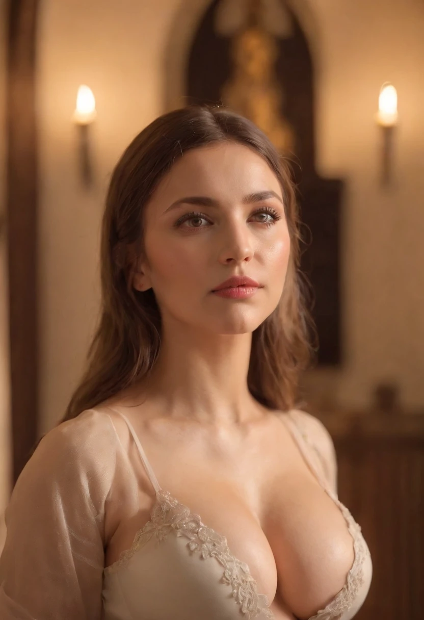 (((Huge breasts, cleavage exposed))) latina, woman around 50 years old,https://www.seaart.ai/explore/detail/cl6gbkp4msb2anlb92og#:~:text=wearing%20church%20clothes hazel eyes, wearing church clothes, thicc and seductive, beautiful, candlelight in a church setting, ultra sharp focus, realistic shot, churchfemale clothes, tetradic colors (breasts:1.4),sweat drops on her chest