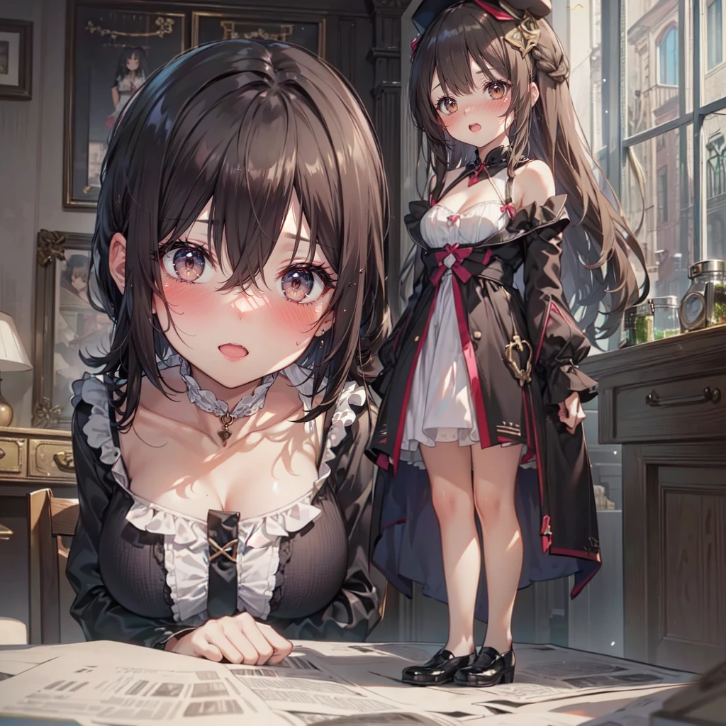 (height_difference:1.5), (size_difference:1.2), girls bedroom, fluffy, cute, (2girls:1.7), (giantess:1.3), (breasts and face closeup), smug, :o, smiling, happy, solo, female focus, (cute sexy dress: 1.3), cleavage, shiny skin, a crowd of people on a table below the breasts of a giantess, a crowd of people on a platform in front of the breasts of a giantess, (multiple_girls:1.5), (minigirl:1.4), (minigirl on a table: 1.2), (cute dress: 1.2)