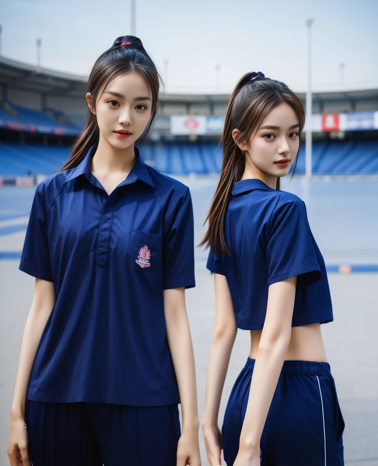 (bestquality,10,10,highres,masterpiece:1.2),ultra-detail,(Realistic,photorealistic portrait,photo-realistic:1.37),1 Cute girl in the football field,oily shiny skin,bara,light smile,BDclothes,((blue shirt:1.3)),short sleeves,shirt, trousers.,(navy_long_Pants Track:1.1), ((Stadium Background:1.3)),dynamic angle,excited,face focus,Dynamic Poses,from behide,Ass Focus,masterpiece, bestquality, ultra realistic, hyper-detail, 8k resolution, RAW photo, crisp focus, ((Navy blue shirt:1.1)), short sleeves, Long Path, Perfect body, 2 mature women, 18yo, cinematic light,Blue sweatpants,Gymware,Correct anatomy,Complete body, Correct body, sharp face, Anatomically correct body, full entire body, Realistic gestures, long-haired, Realistic poses,Wear long shorts.........................,Long leg span,Shapely,Sculpting Girl, Slender Figure, mannequin mannequins, Shapely, Beautiful body,Blue sweatpants, Two girls kissing