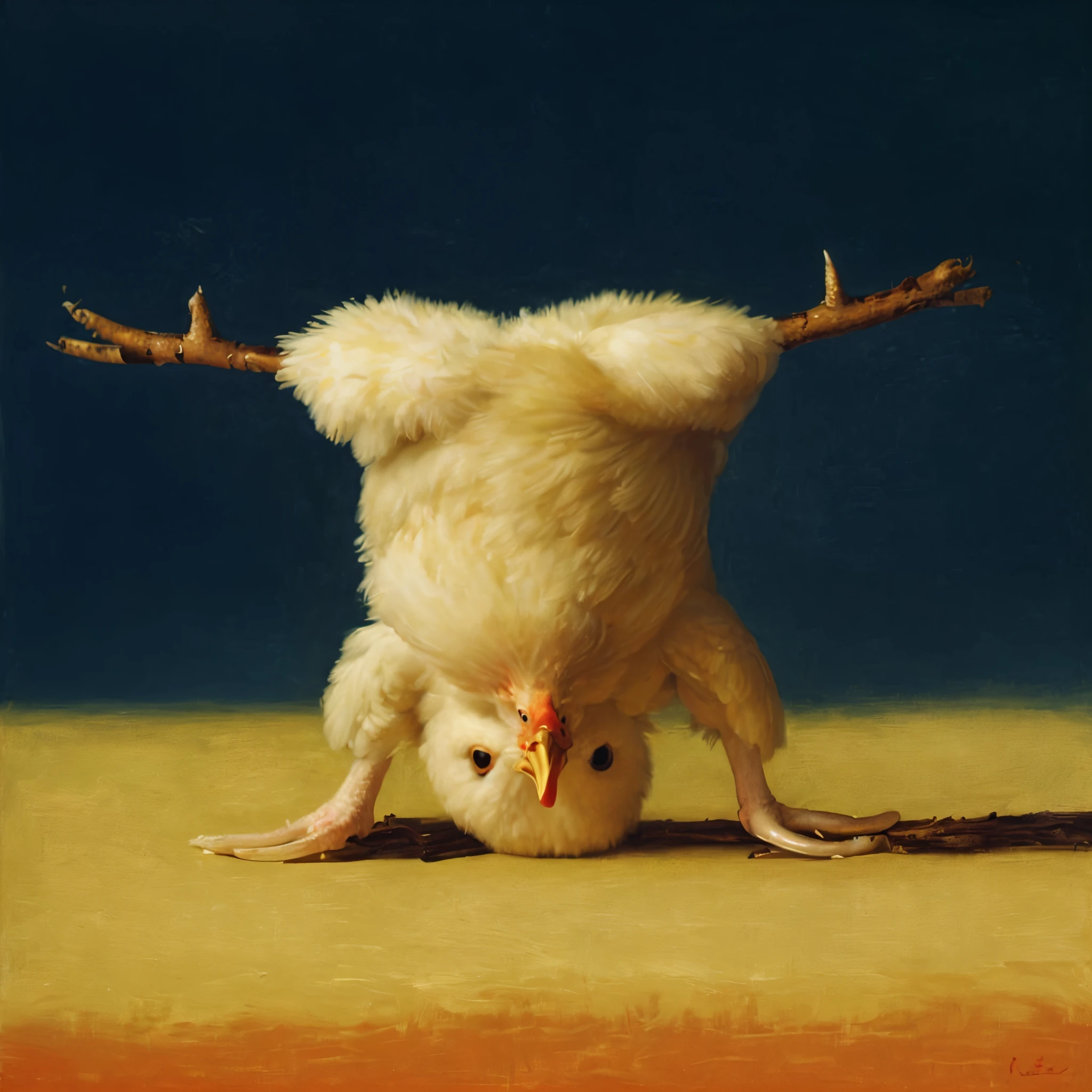 painting of a chicken with antlers on its head and legs, ultra humorous oil painting, michael sowa, very humorous oil painting, bo bartlett, upside-down, upside - down, upside down, by Raphaelle Peale, inspired by Jamie Wyeth, inspired by Carel Fabritius, anthropomorphized chicken, upsidedown