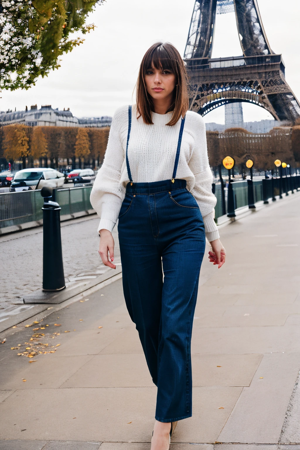Create a beutiful woman
with the following features: height 1.72 meters, weight 85 kilograms, medium hair with bangs. Attire: stylish and beautiful, set in December in Paris, walking in front of the Eiffel Tower. Describe their pose, the colors of their clothes, and the overall atmosphere of the scene.
